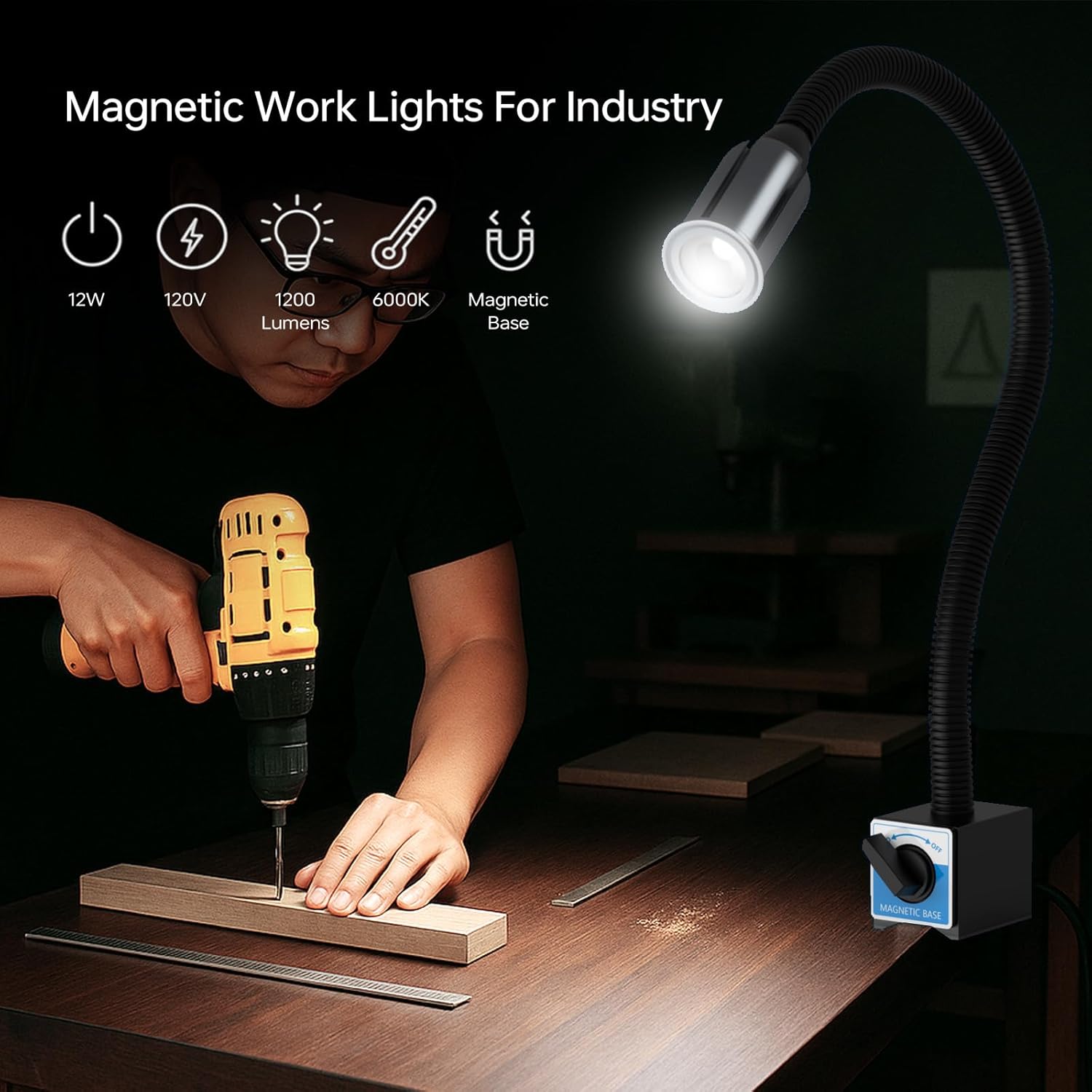 LED Magnetic Work Light, 1420lumens 20in Flexible Gooseneck Work Lamp with Strong Magnetic Base for Lathe Machines, Workbenches.