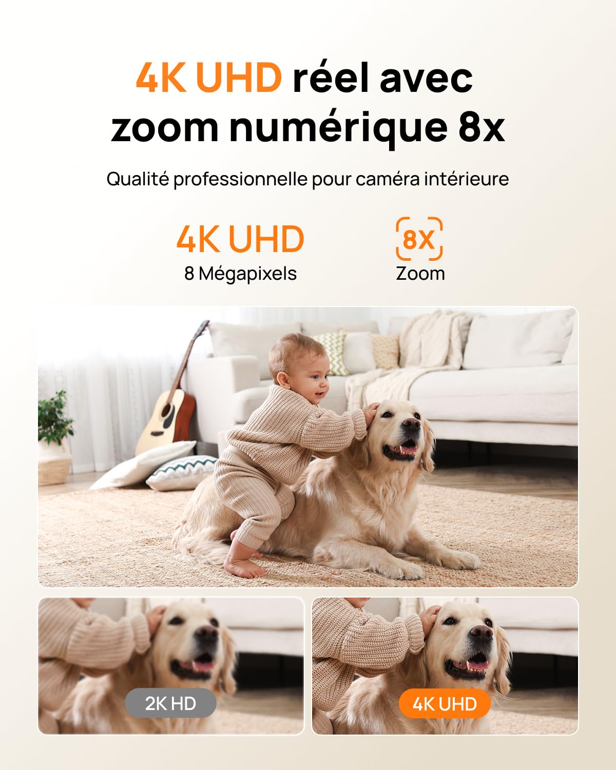 Anona 4K(8MP) Caméra Surveillance WiFi Intérieur, 360° Suivi Auto, Sécurité Bébé/Chien/Animaux avec App, WiFi 6 Bi-Bande 2,4/5GHz, Détection IA Humaine/Pleurs, Mode Privé, Audio 2-Voies, Lot de 1