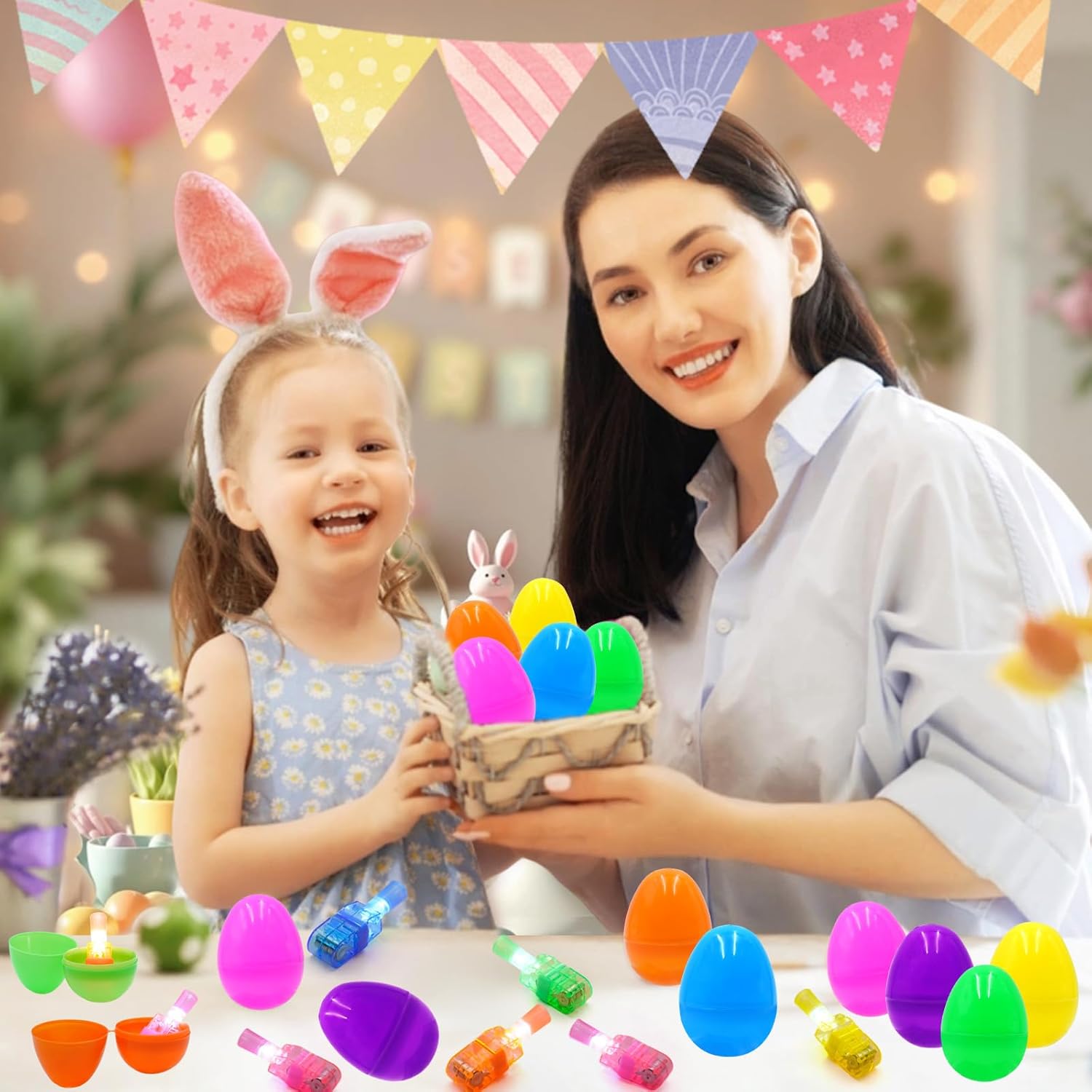 24 Pack Easter Eggs Filled LED Finger Lights ,Light Up Toys Glow In The Dark Non Candy Gifts Easter Egg Fillers Easter Hunt Filling Treats Easter Basket Stuffers Party Favor for Kids Boys Girls