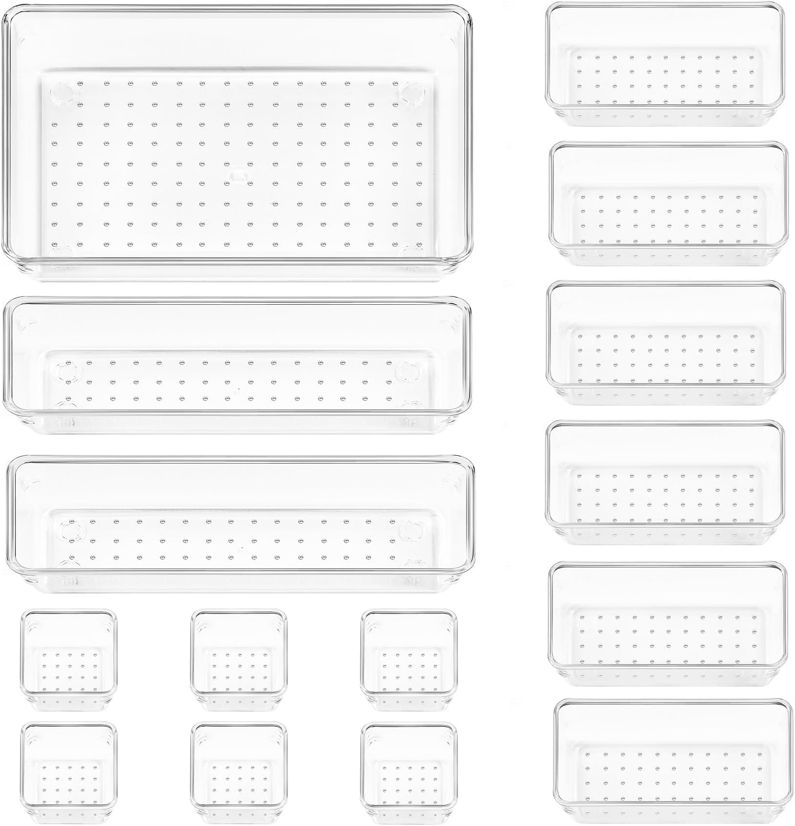 Vtopmart 15 PCS Clear Plastic Drawer Organizer Set, 4-Size Versatile Bathroom and Vanity Desk Organizer Trays for Makeup, Bedroom, Kitchen and Office