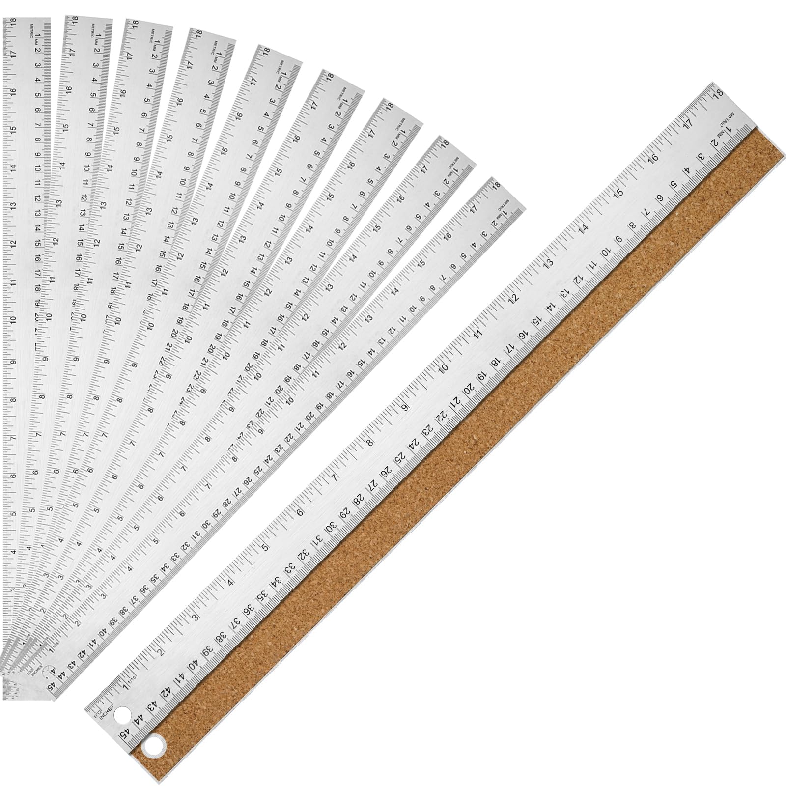 Metal Ruler with Cork Backing, 18 Inch Stainless Steel Rulers 18 Inch Metal Ruler 10 Pack - Imperial and Metric - Non-Slip Prevent Ink Leakage - for