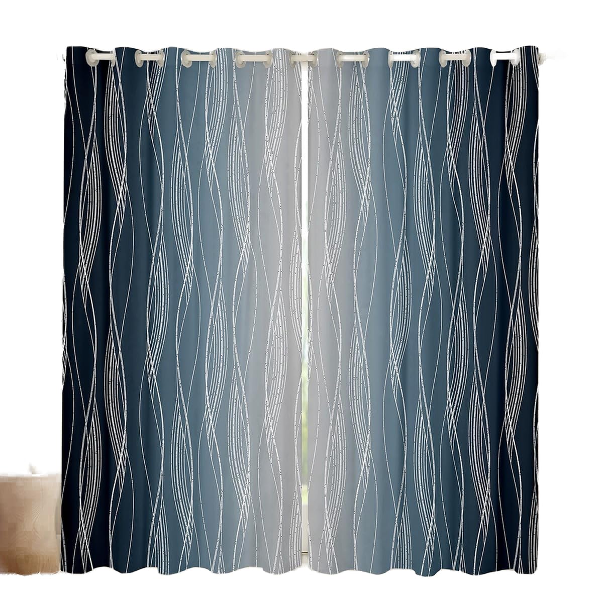 Homewish Navy Blue Greyish White Ombre Curtains & Drapes Geometric Gradient Window Curtains for Boys Bedroom 2 Panels 46" Wx54 L