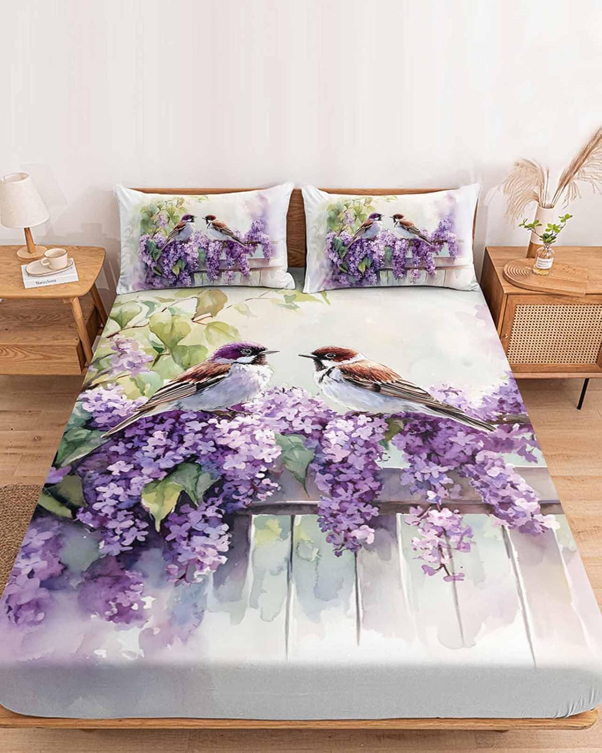 Bedding Queen Size Fitted Sheets Fit 5"-16" Deep Pocket Mattress,Watercolor Sparrow Bird Lavender Soft Bottom Sheet Idyllic Flower Leaves Fence Fitted Sheet Bed Set with Pillow Case