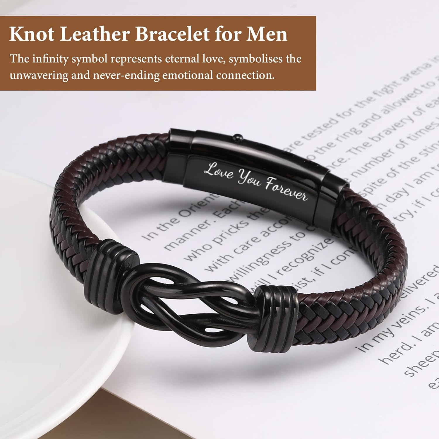MEALGUET Men's Bracelets Gifts for Men - Brown Braided Leather Infinity Knot Bracelets Engraved Love Massage for Son Man Husband Boyfriend, Mens Bracelet Jewelry Gift for Birthday Valentine's - Image 3