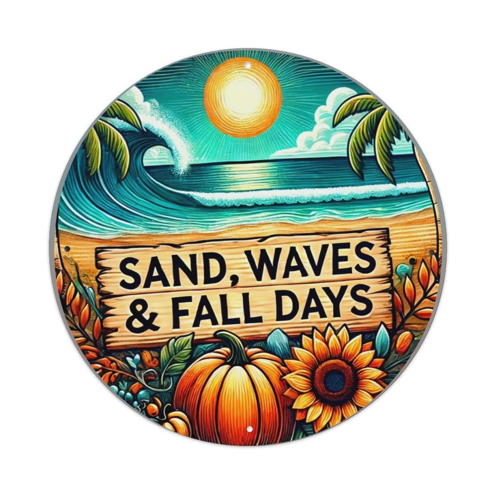 Sand Waves Fall Pumpkin Sunflower Vintage Round Tin Sign Retro Metal Wall Decor Metal Poster, Home Bar Garage Cafe Wall Art Decoration 8x8Inches