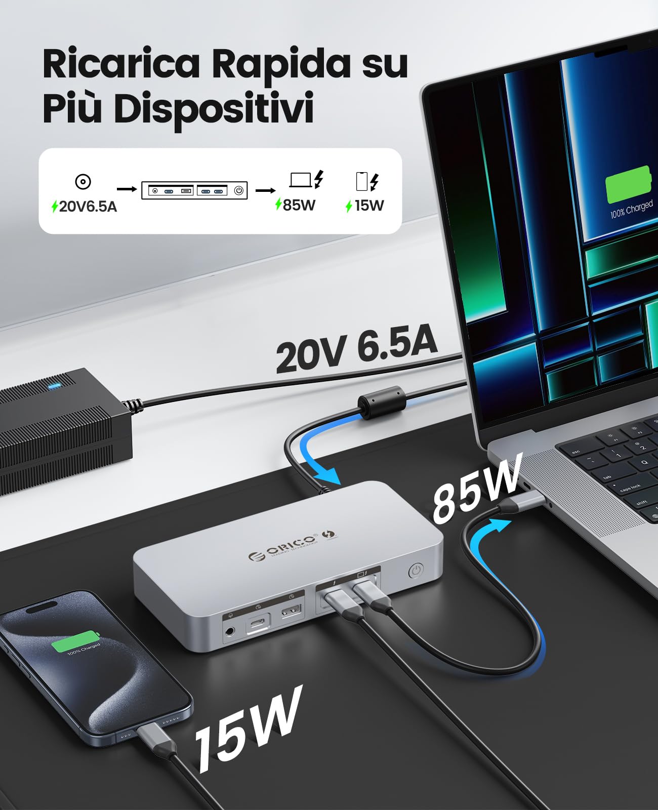 ORICO Thunderbolt 4 Dock 12 in 1 40 Gbps, 85 W + 15 W PD ricarica, doppia 4K/singola 8K, 4 USB, Gigabit Ethernet, SD/TF, AUX, certificato Thunderbolt per M4 MacBook Air & Pro