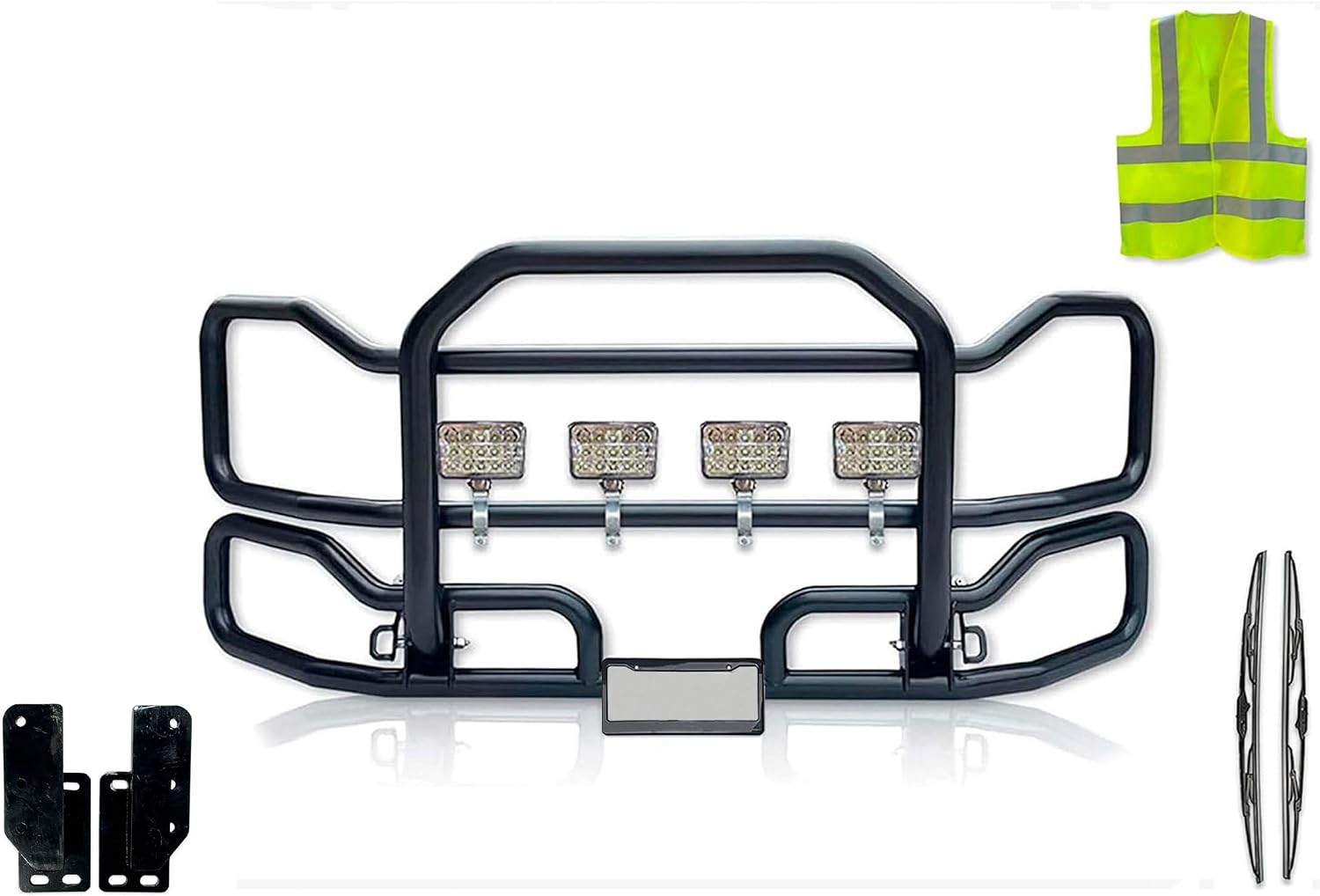 Black Front Grille Deer Brush Bumper Guard Large Compatible with Mack Granite GU713 (Set-Back) 2004-Current PLUS Bracket, 4X 6” LED Lights, Headlights, Wipers, License Plate Holder and Frame, Vest