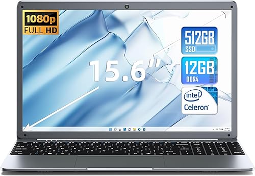 SGIN Portátil de 12 GB DDR4 512 GB SSD, portátil de 15.6 pulgadas, computadora portátil con procesador Intel Celeron N5095 (hasta 2.9 GHz), pantalla