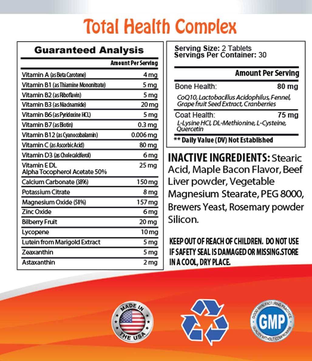 Dog Eye Relief - Pets Total Health Complex - Dogs and Cats - Best Hair Skin Eye Teeth Nail Urinary Support - Bilberry for Dogs - 2 Bottles (120 Tablets)