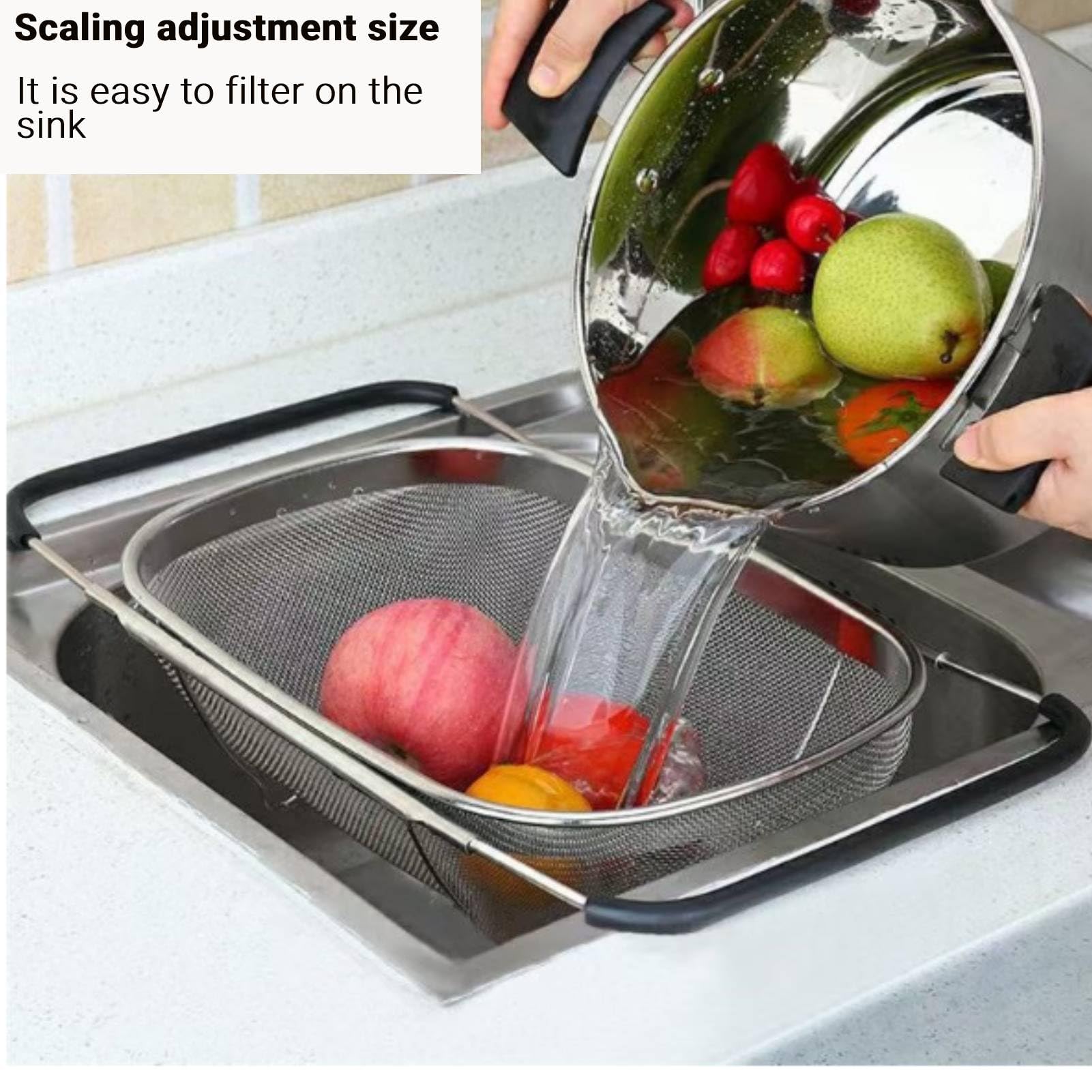 HERCHR Scolapasta Estensibile in Acciaio Inox Colapasta Scolapasta da Pentola con Maniglia a Scomparsa Rete Metallica Maglia Piccola Scolapiatti Acciaio Inox Cestello per Lavello da Cucina