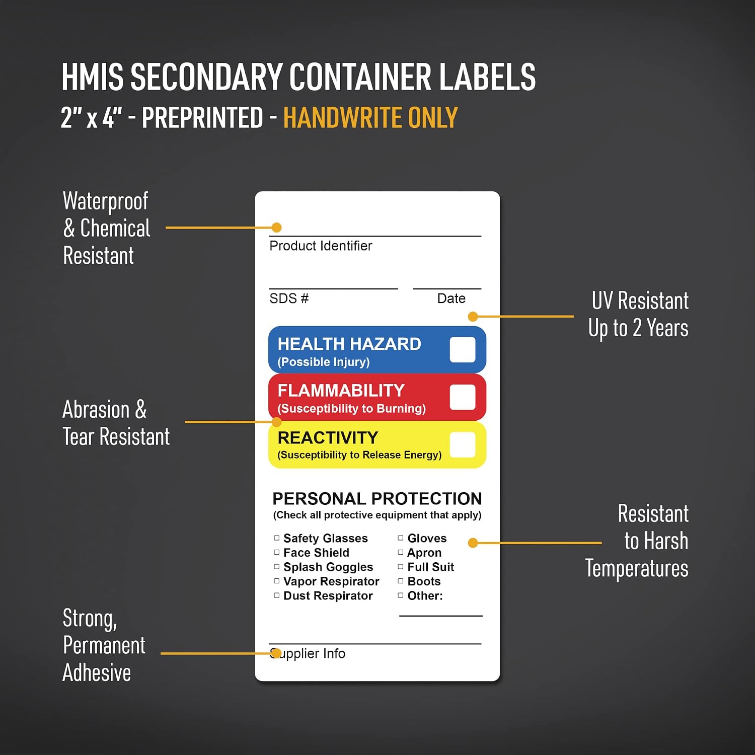 Avery HMIS Secondary Container Labels, Waterproof, Chemical Resistant, Preprinted, Handwrite-Only, 4" x 2", 100 HMIS Labels