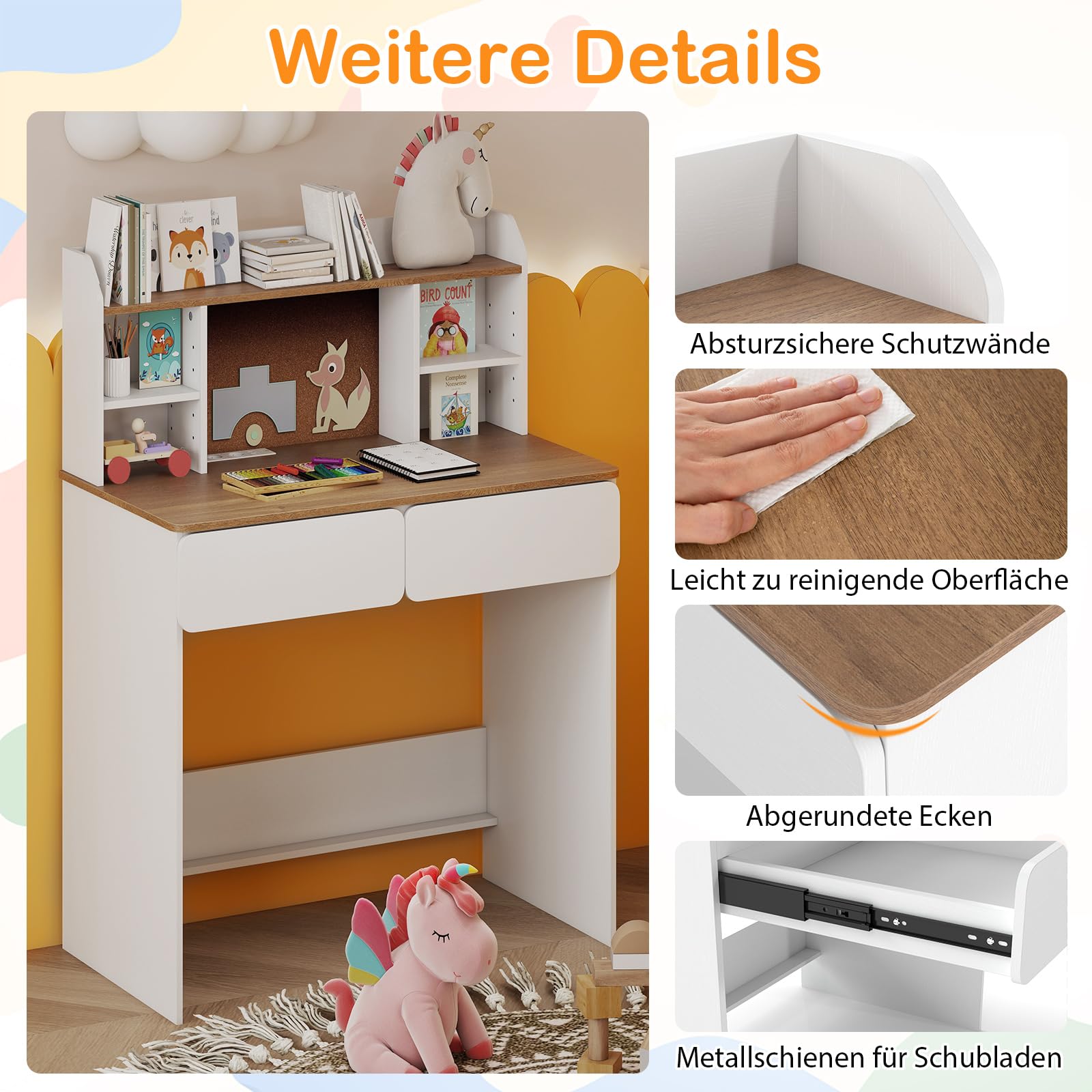 COSTWAY Schreibtisch Kinder mit Ladestation, Kinderschreibtisch aus Holz, Schülerschreibtisch mit Pinnwannd, 2 Schubladen & verstellbaren Regalen, Jugendschreibtisch für Kinder ab 6 Jahren