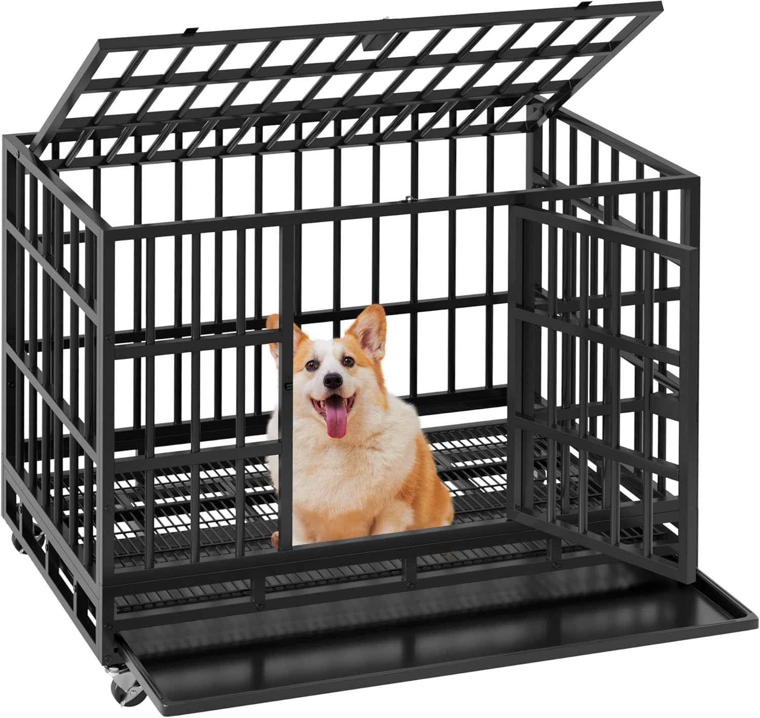 WARCAT 38 Inch Heavy Duty Dog Crate Cage Indestructible Dog Crate for Large Dog with Escape Proof Metal Kennel with Double Door Lockable Wheels Removable Tray Indoor Outdoor (Black)
