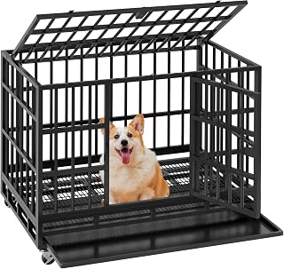 WARCAT 38 Inch Heavy Duty Dog Crate Cage Indestructible Dog Crate for Large Dog with Escape Proof Metal Kennel with Double Door Lockable Wheels Removable Tray Indoor Outdoor (Black)