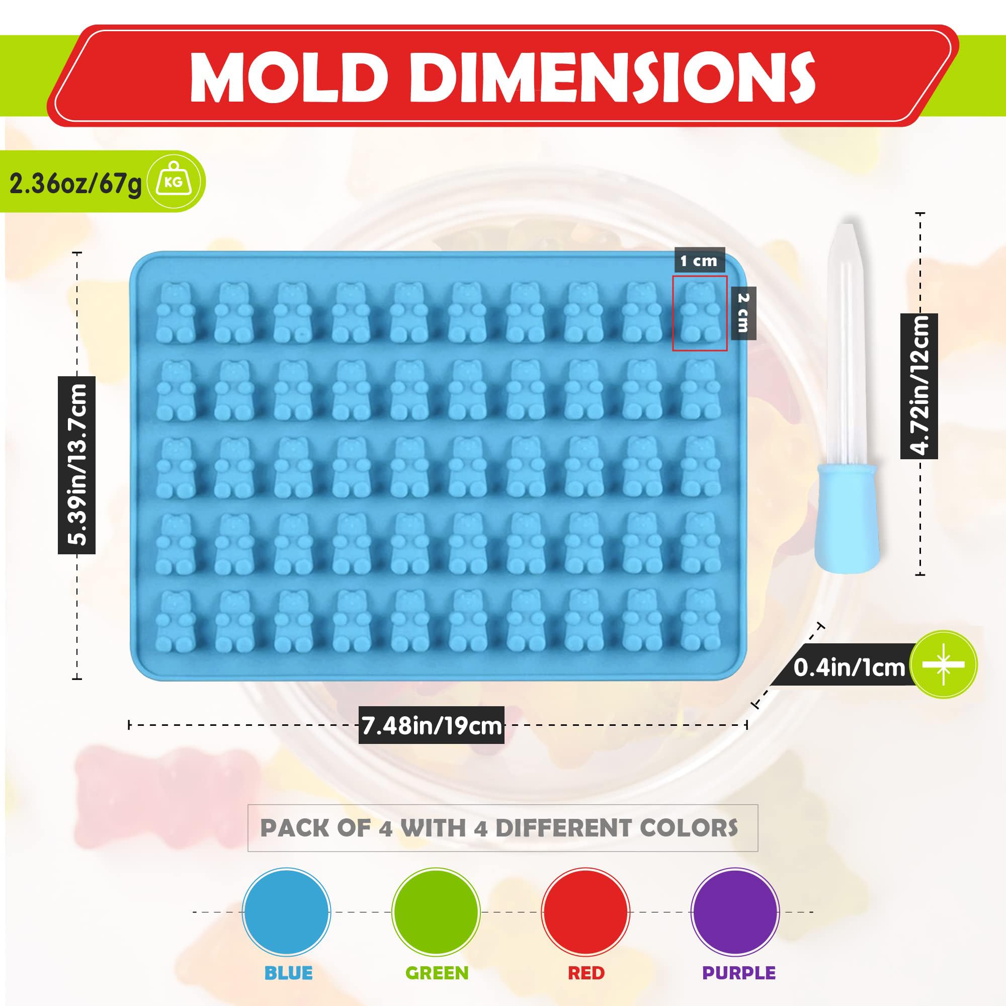 Moldes de silicona para caramelos, juego de 4 bandejas de oso de goma con cuentagotas, divertidos osos de goma con moldes de silicona antiadherentes, moldes de silicona perfectos para