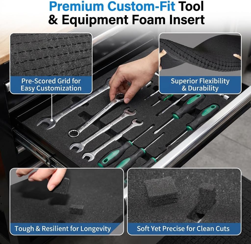 4 PCS Pick Apart Foam Insert-2 Pcs 16" x 12" x 2" Black Foam Inserts for Cases and 2 Pcs 16" x 12" x 0.4" Pick Apart Pads for Cases,Board Game Box, Toolbox, Camera Storage