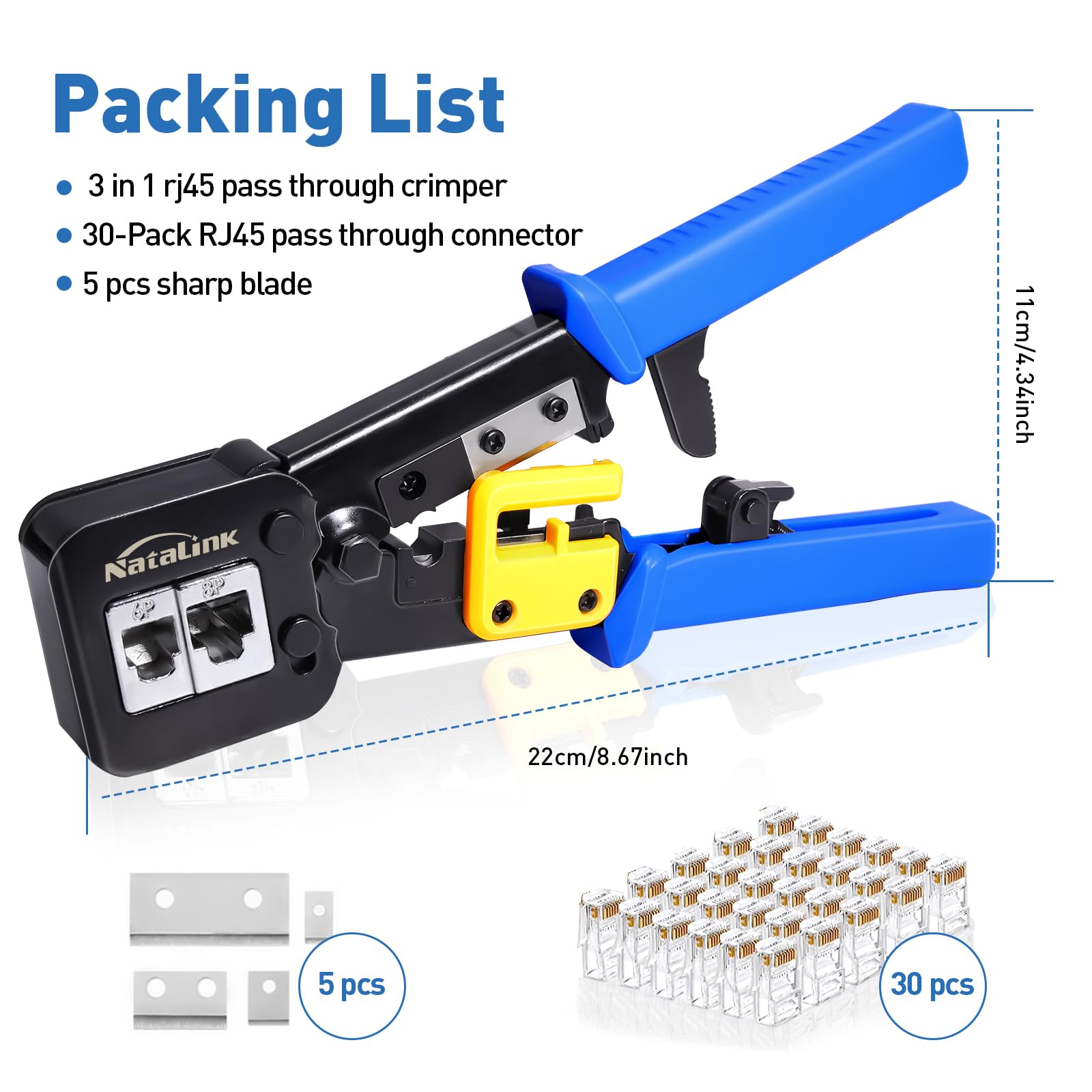 Crimpatrice RJ45 pass-through, crimpatrice Ethernet Cat 6 Cat 5E Cat 5 All-in-One RJ45 con 30 connettori Cat6 RJ45 pass-through e lama di ricambio