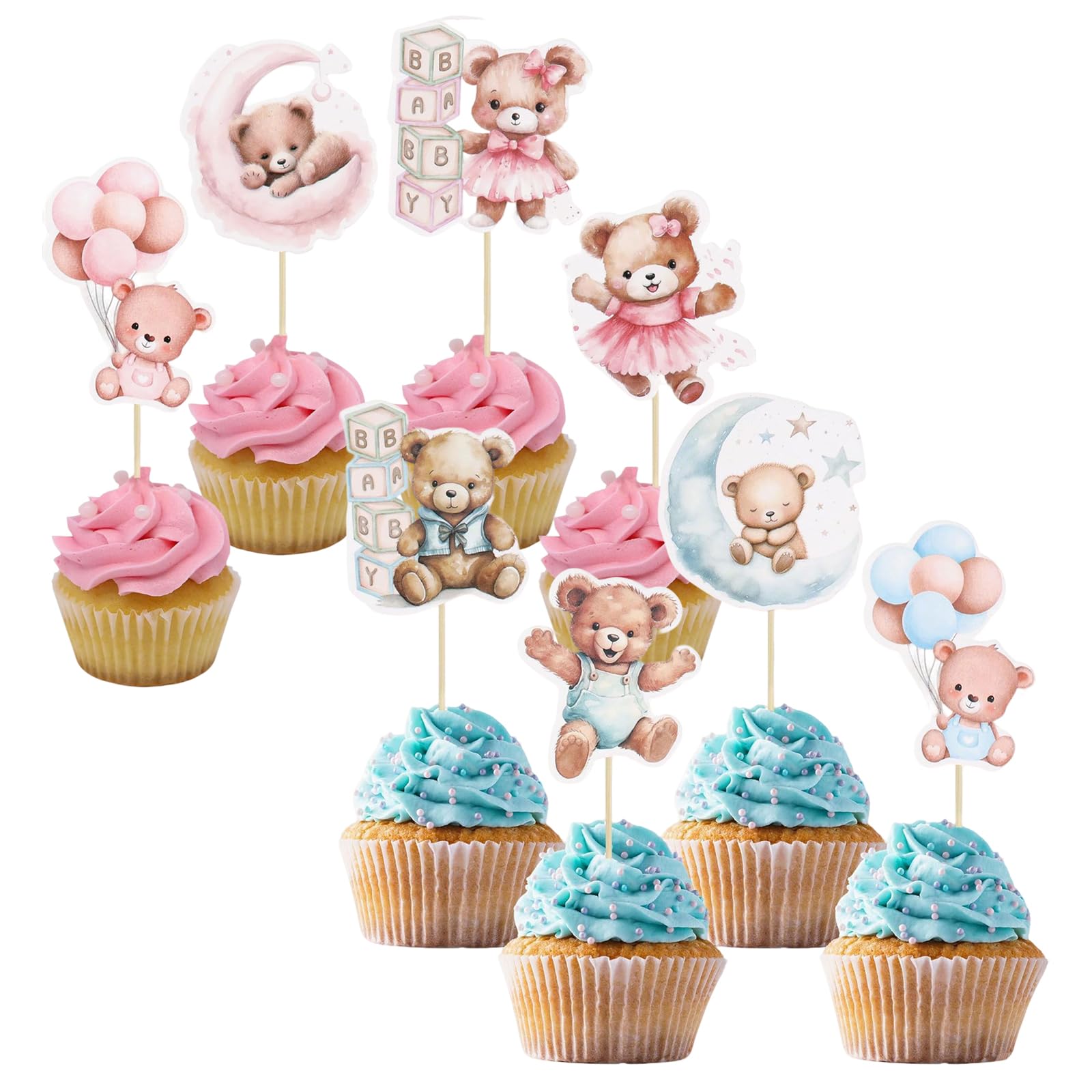 24PCS Baby Shower Bear Cupcake Toppers,Baby Shower Cupcake Picks Cake Decorations,Bear Balloon Cupcakes Picks,Blue Pink Babies Gender Reveal Party Decorations