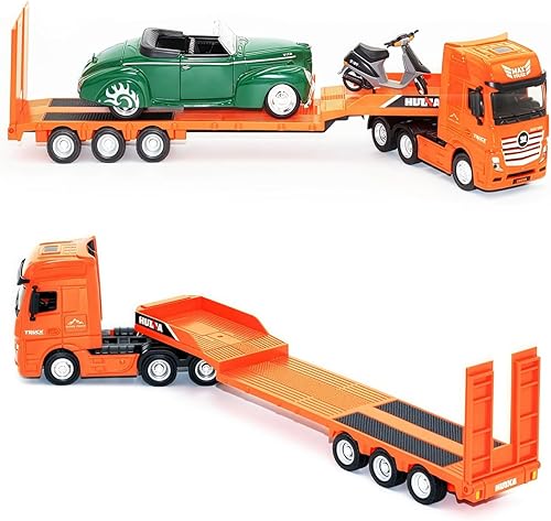 Miniatura 2 de Gemini & Genius - Camión de remolque plano, vehículo de construcción de aleación resistente, camión de remolque fundido a presión a escala 1:50,