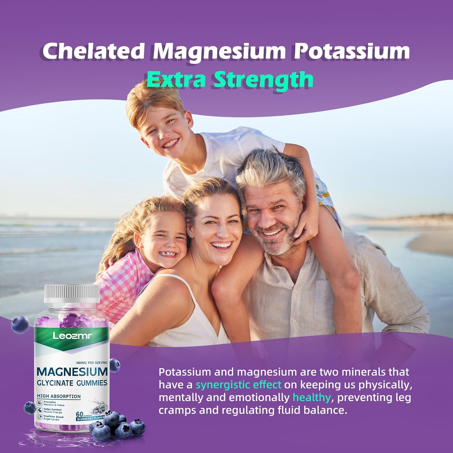 Magnesium Glycinate Gummies 1000mg - Sugar Free Magnesium Potassium Supplement with Vitamin D, B6, CoQ10 for Calm Mood & Sleep Support - 120 Blueberry Gummies - Image 7