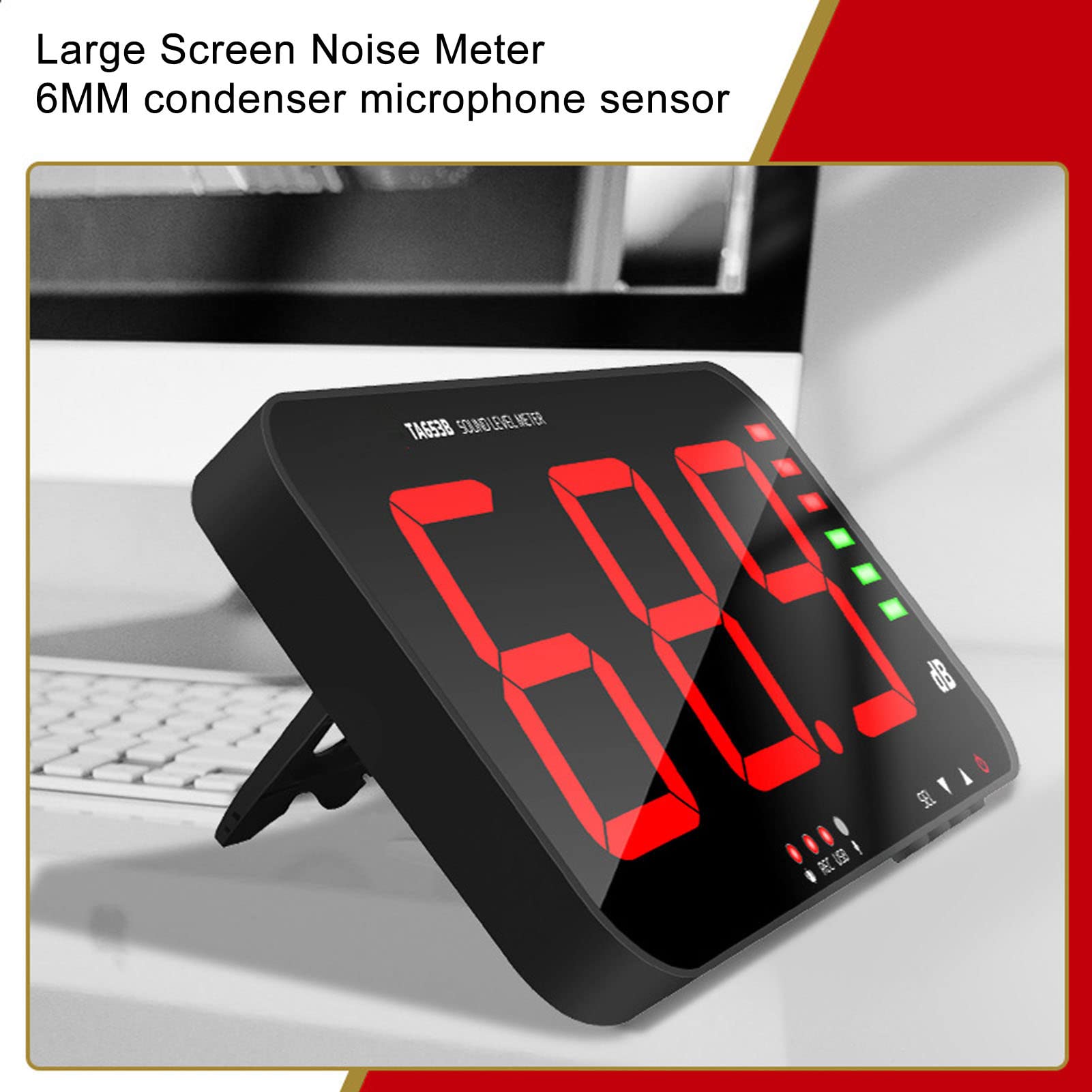 30dB-130dB DC5V 1A Medidor de Decibelios Micro USB TA654B Pantalla de 13 Pulgadas Pantalla de 3 Dígitos Medidor de Nivel de Sonido Colgador de Pared Lector de Decibelios Digital