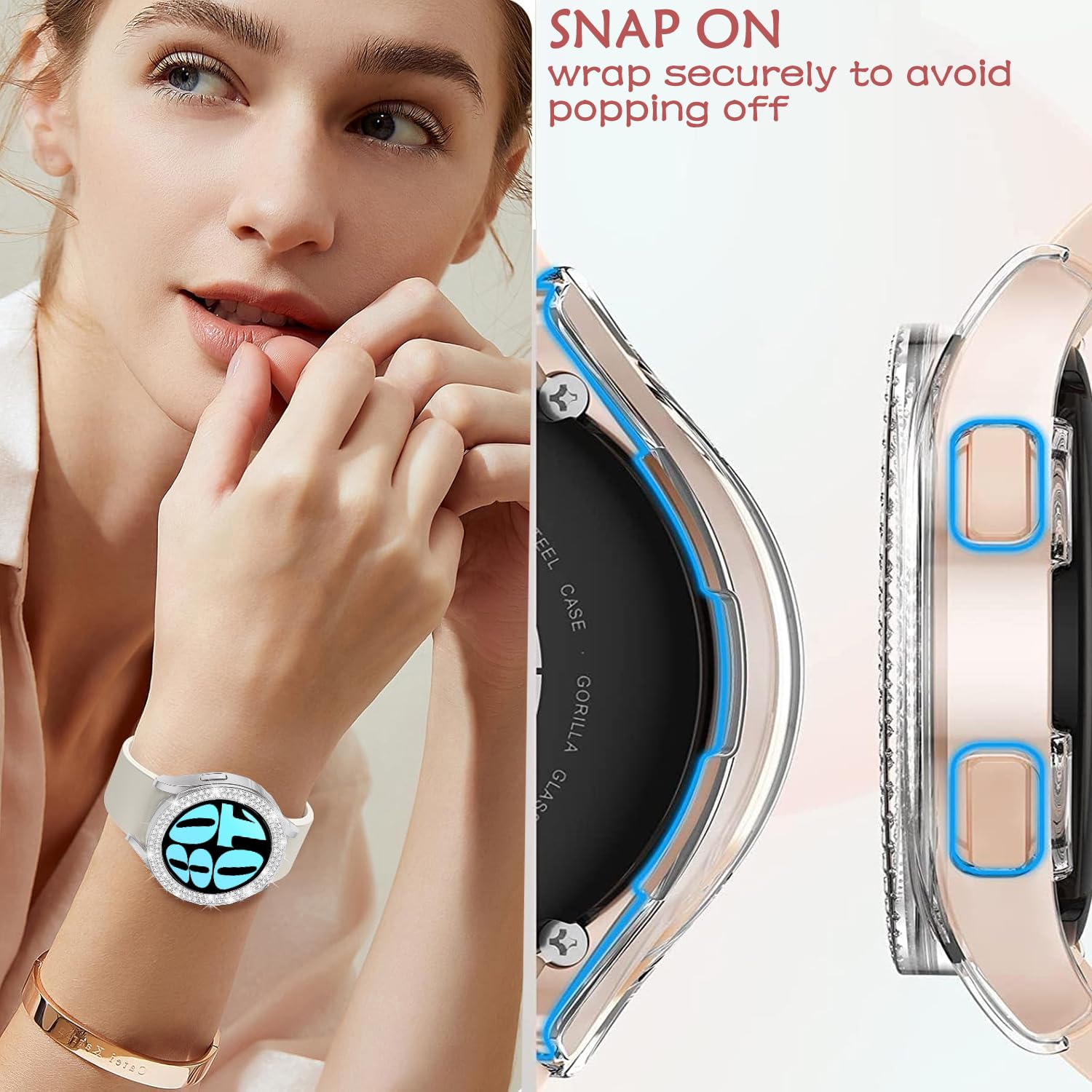 DEALELE [2-PACK] Case Compatible with Samsung Galaxy Watch 5/4 44mm, Bling Single-Row Diamond PC Protective Case Replacement Watch Cover Bumper (44mm, Gold+Transparent) — view 163