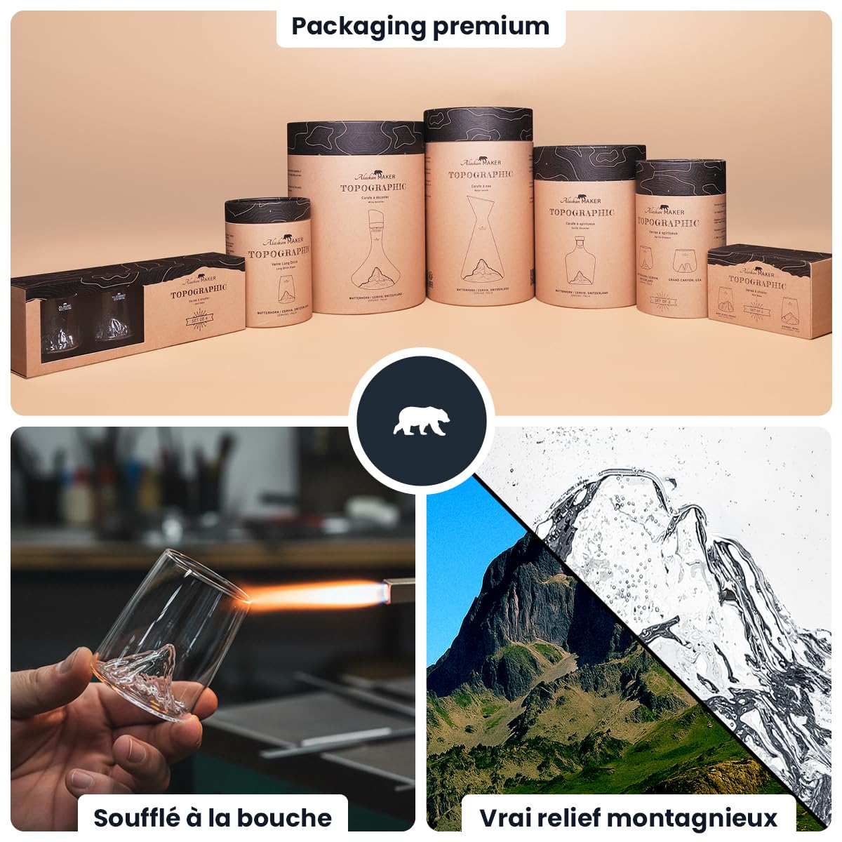 Alaskan MAKER Cofanetto di 2 sparatutto da 6,5 cl – Bicchieri in cristallo di alta qualità soffiati artigianalmente con le montagne in rilievo | Forma a tulipano | Topografico (Tofane & Tre Cime di