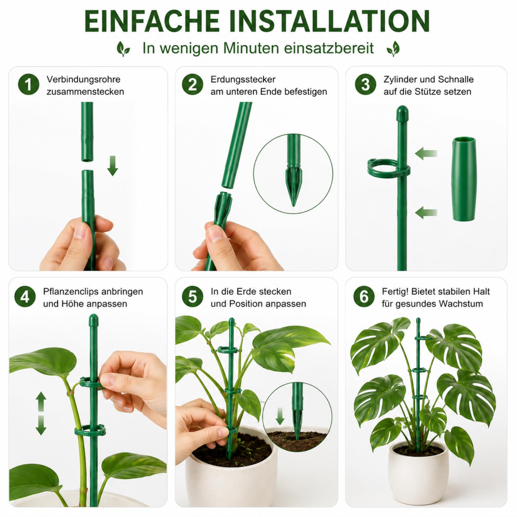 6 sztuk podpórki do roślin 30 cm, Regulowany uchwyt do roślin pnących z klipsami, Podpora do roślin dla Monstera, Orchidei, Pomidorów, Róż i innych kwiatów (zielone)