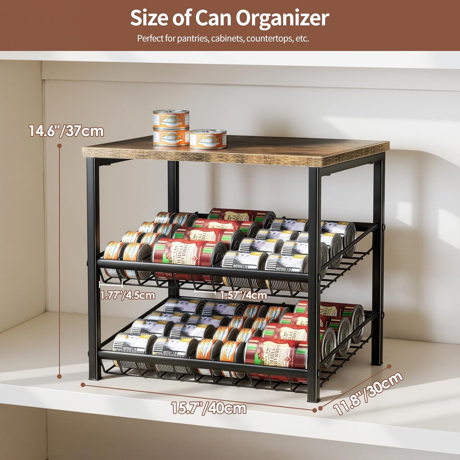 3 Tier Can Organizer for Pantry, Adjustable Can Rack Organizer, Automatic Rolling Storage Holder for Various Ounces of Canned Food Drinks Pet Food, Ideal for Countertop Kitchen Cabinet