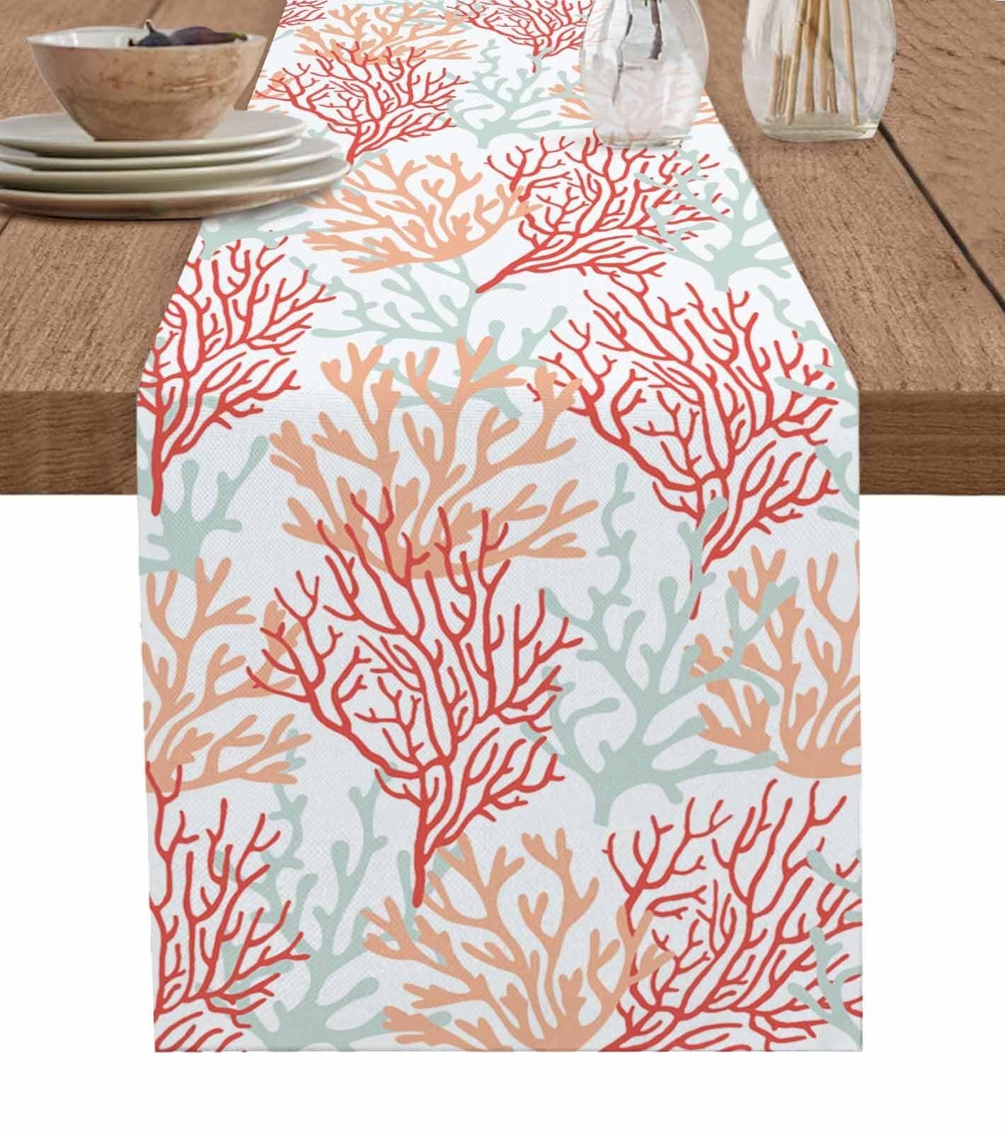 Chemin de Table en Coton et Lin Bleu Corail 13"x60" - Parfait for Une décoration sur Le thème de la Plage en été(Red Orange Grey Coral,18x72 inch)
