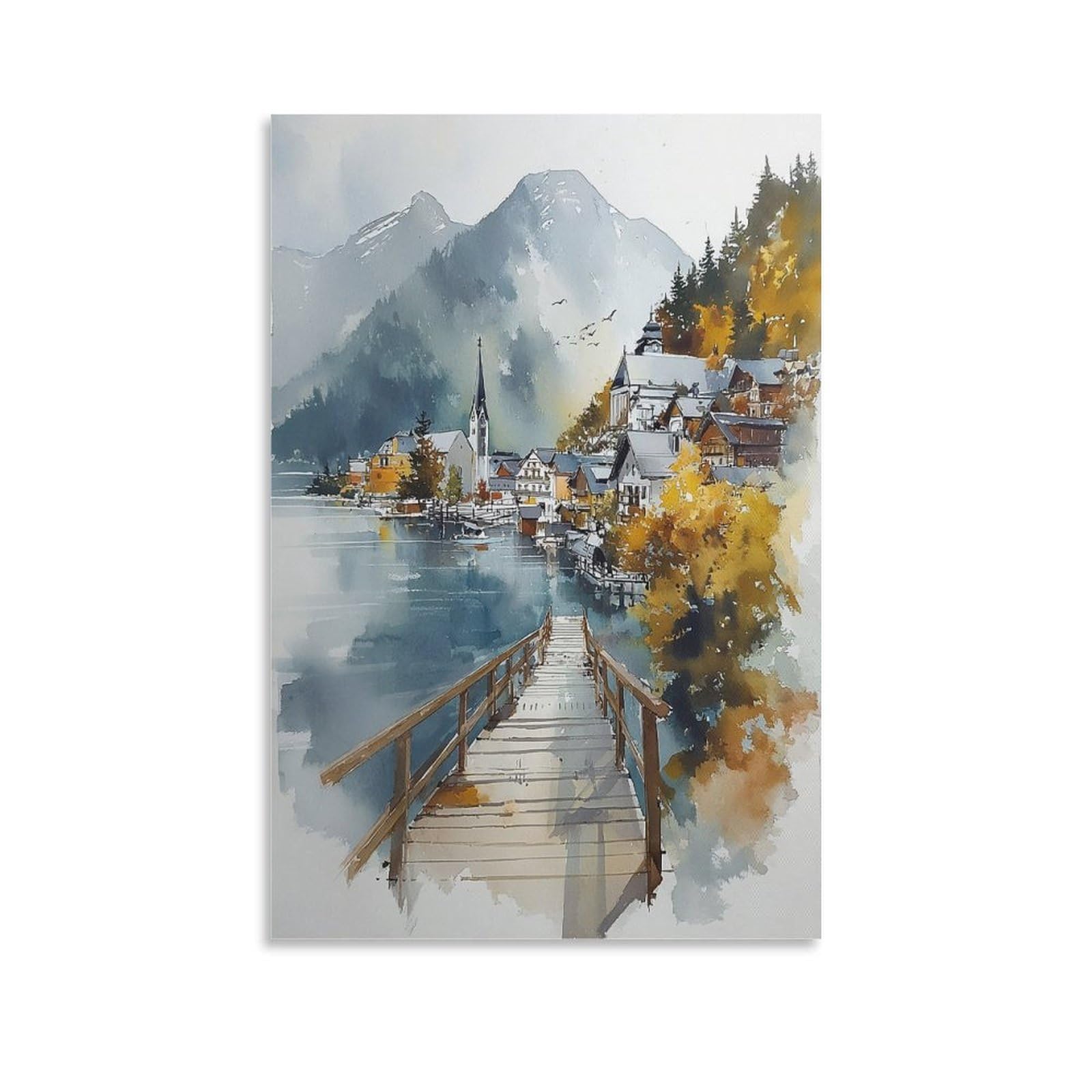 Cnaheiz Unframe-Style Skagway Alaska Watercolor Painting Coastal Town Art Print Poster 24X36inch(60X90cm) Vintage Watercolor Canvas Art