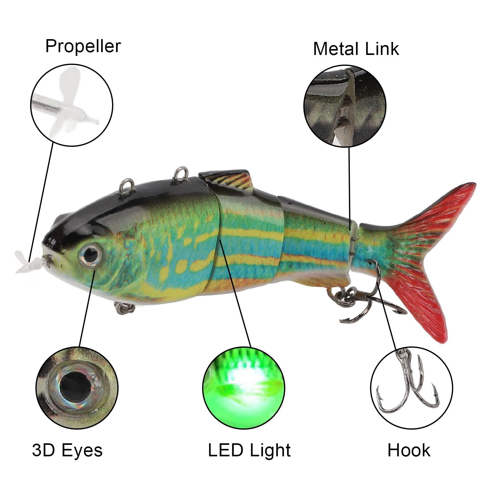 Appât de Pêche électrique articulé, Leurre de Pêche Robotique avec LED, Rechargeable par USB, adapté aux Environnements d'eau Douce