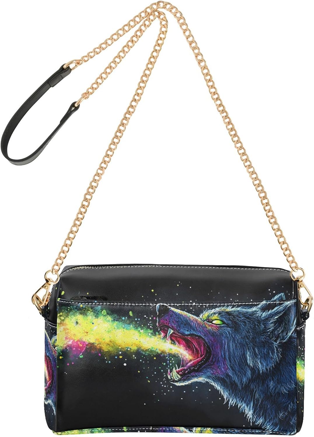 Women Crossbody Bag Shoulder Handbag Cellphone Purse Rainbow Wolf Print, PU Leather Metal Chain Strap Water Resistant Zipper Closure