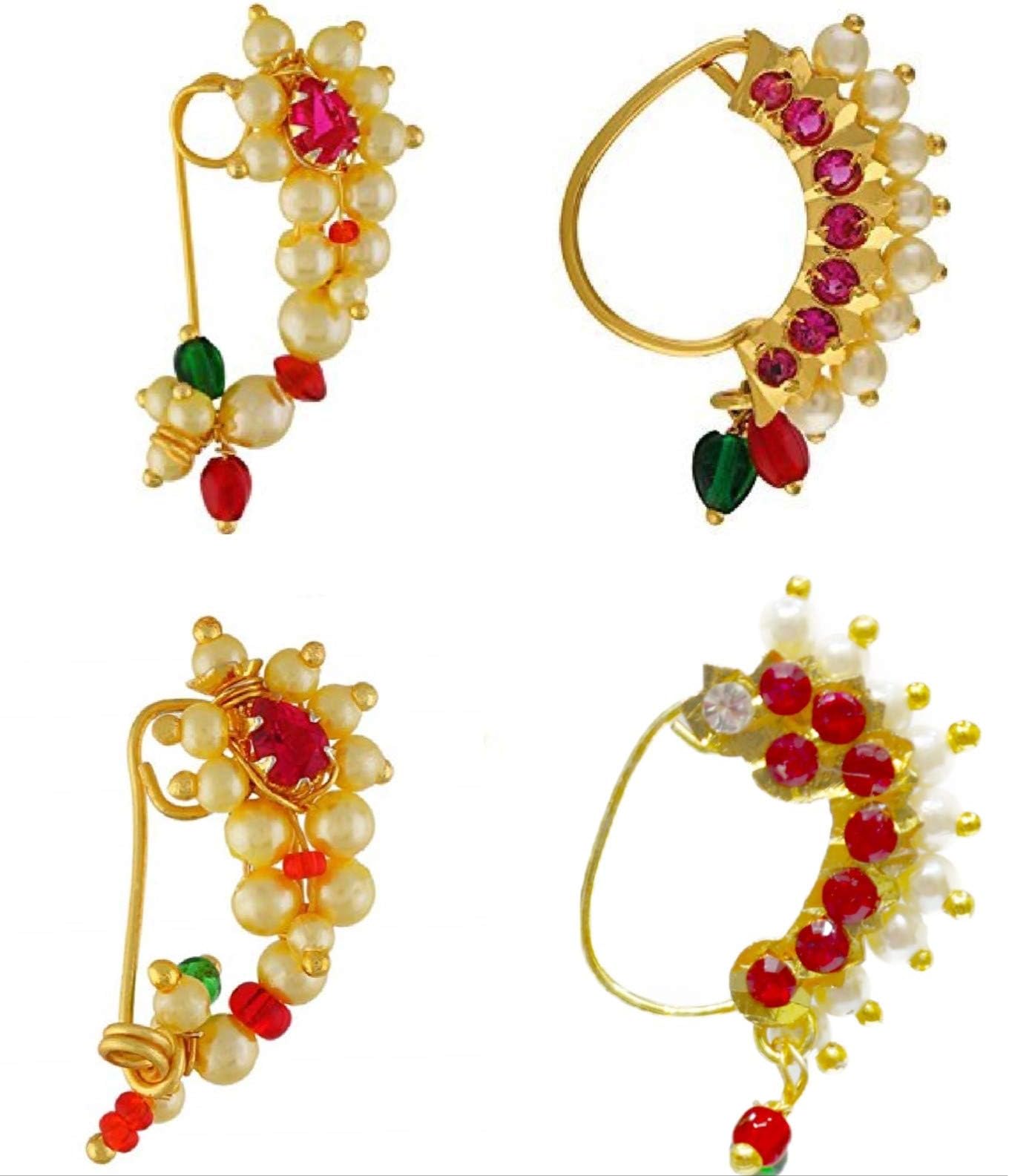 Small Size Traditional Maharashtrian Nose ring without piercing Pearl Gold Plated Nath Clip On Nose Ring For Women