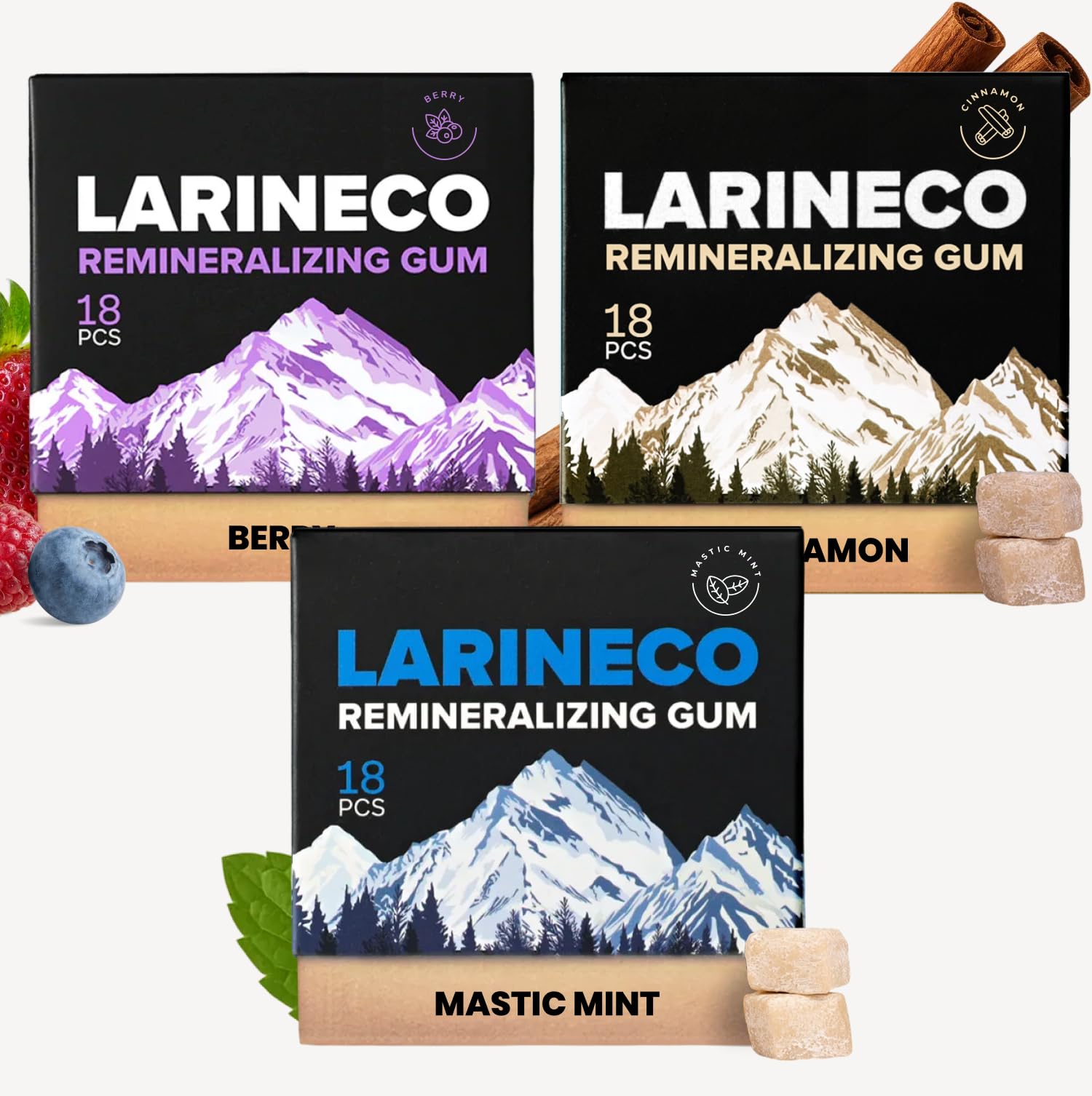 Larine co Remineralizing Gum, Sugar Free Hydroxyapatite and Xylitol Gum | 3 Flavors, 54-Count — Enamel Repair Gum for Teeth Health, Dry Mouth Moisturizing, Plastic Free Gum, No Aspartame & Dyes