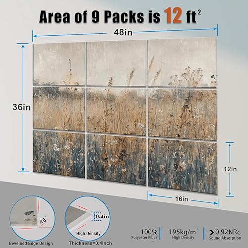 Miniatura 3 de Paquete de 9 paneles acústicos de arte de pared, paneles absorbentes de sonido de 48 x 36 pulgadas, paneles decorativos de amortiguación de sonido,