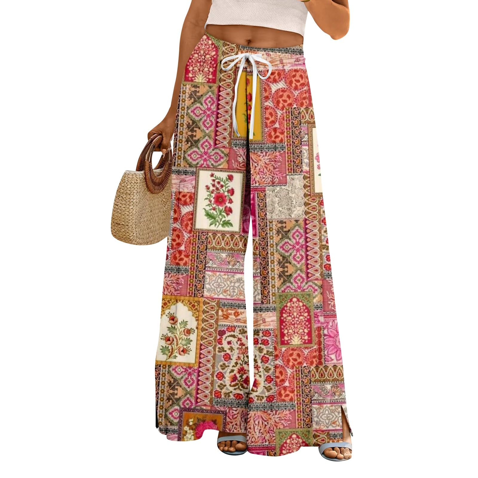 Wide Leg Pants Women 2025 Summer Floral Print Boho Palazzo Pants High Waist Lounge Trousers with Pockets