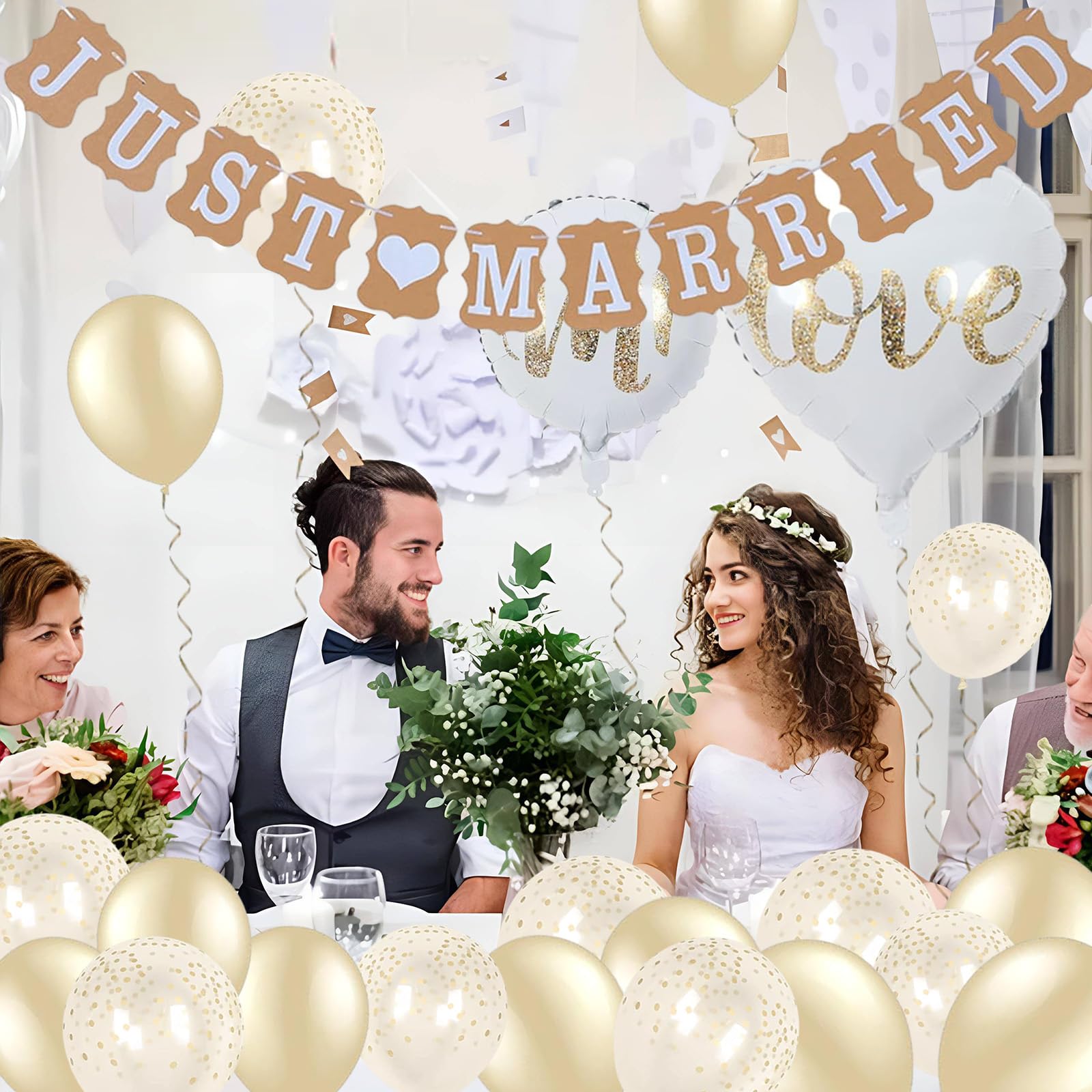 Just Married - Set 24 Decorazioni Matrimonio Bianco E Oro: Striscione, Palloncini Con Coriandoli E Love, MRS E MR