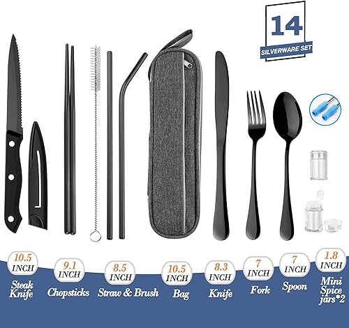 Miniatura 2 de Utensilios de Viaje Reutilizables Portátiles Cubiertos con Estuche, Juego de Cubiertos de Viaje para Camping, Palillos y Pajita, Cubiertos con