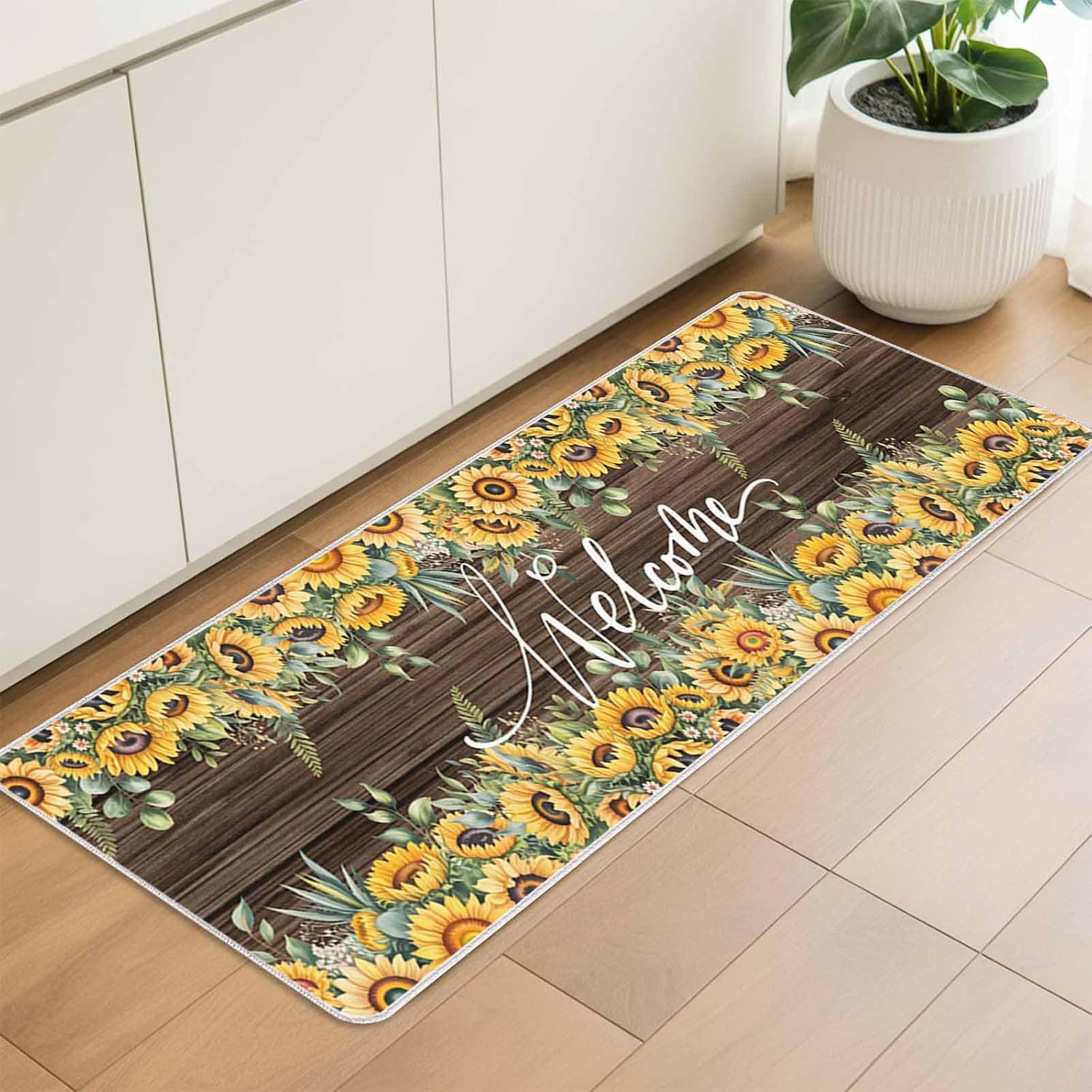 Farm Sunflower Leaves Plant Kitchen Rug and Mat,Washable Floor Mats Standing Cushioned Set of 2,Brown Wood Grain Welcome Text Slip-Proof Doormat Runner Rugs for Indoor Bathroom Laundry Sink