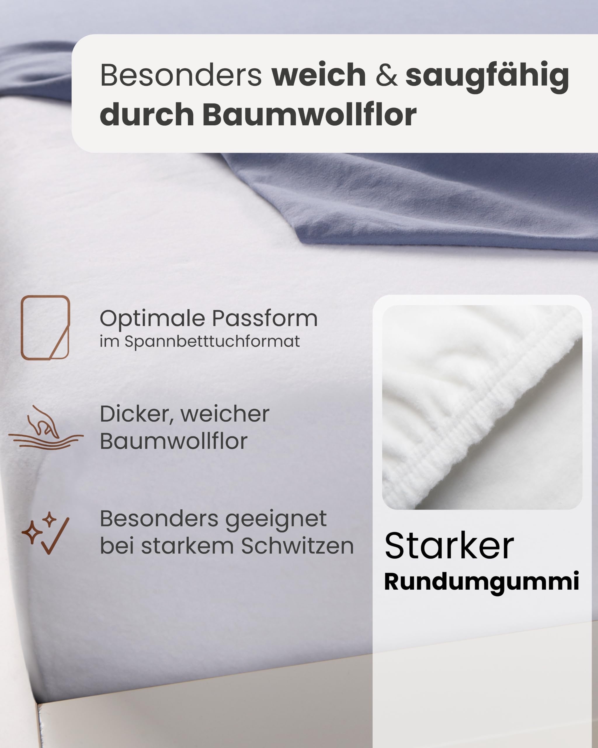 Bella Donna Edel-Molton Matratzenschoner: geeignet bei starkem Schwitzen | FORMESSE 200x220-200x240 cmbis 30cm; 82% Baumwoll-Kompaktgarn, 16% Polyester, 2% Elastan; sehr saugfähig, trockenes Schlafen