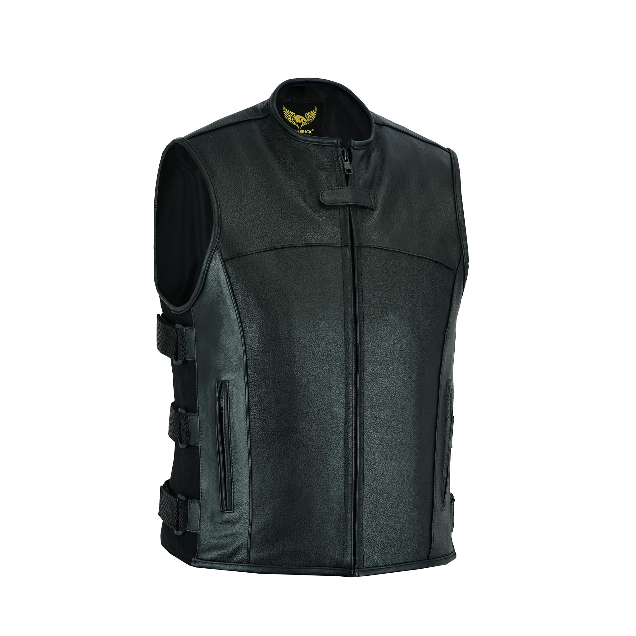 Leatherick Gilet da motociclista in pelle tattica in stile Warrior da moto da uomo, con tasche profonde