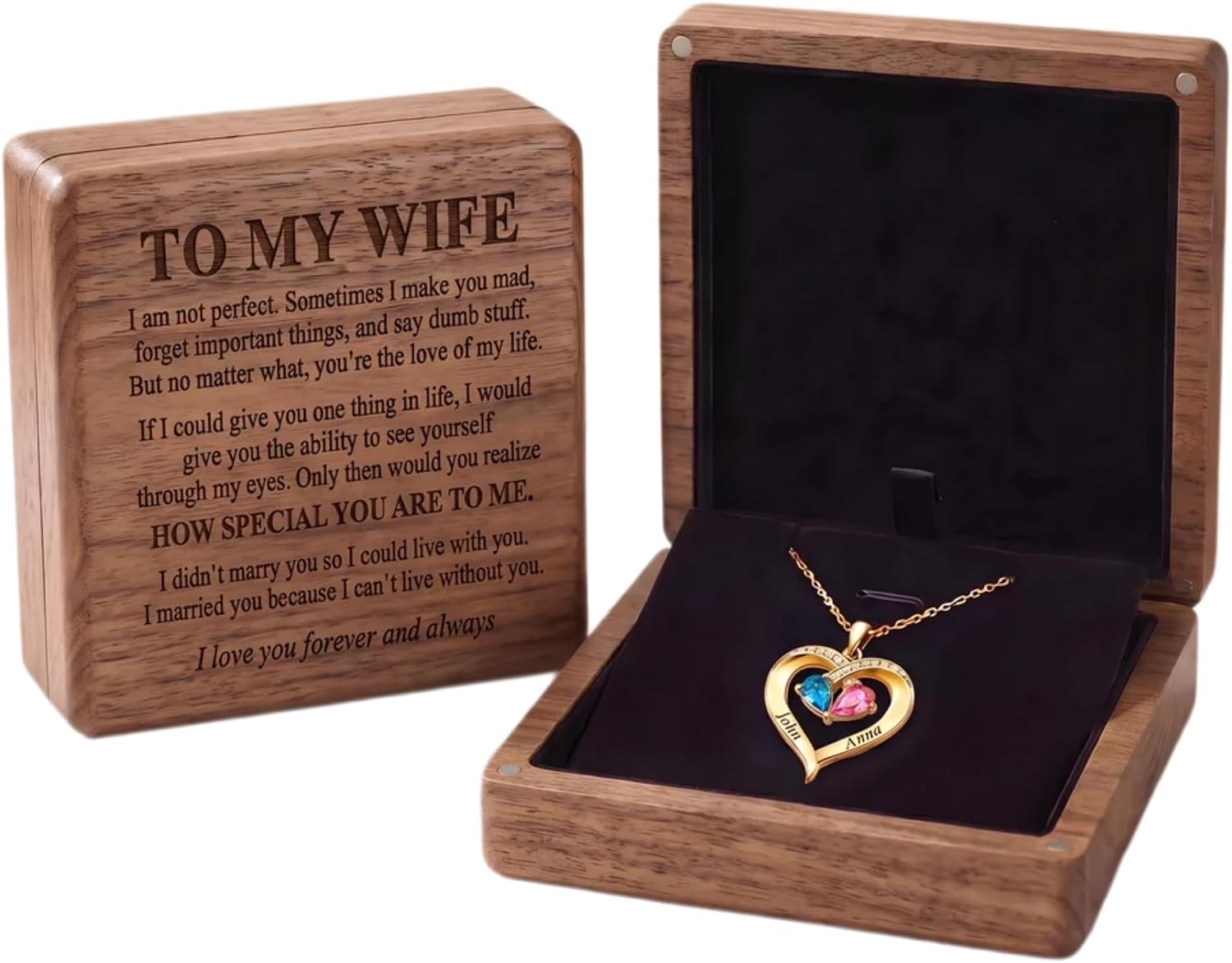 ziella Wife Necklace from Husband with Message on Wooden Keepsake Box
