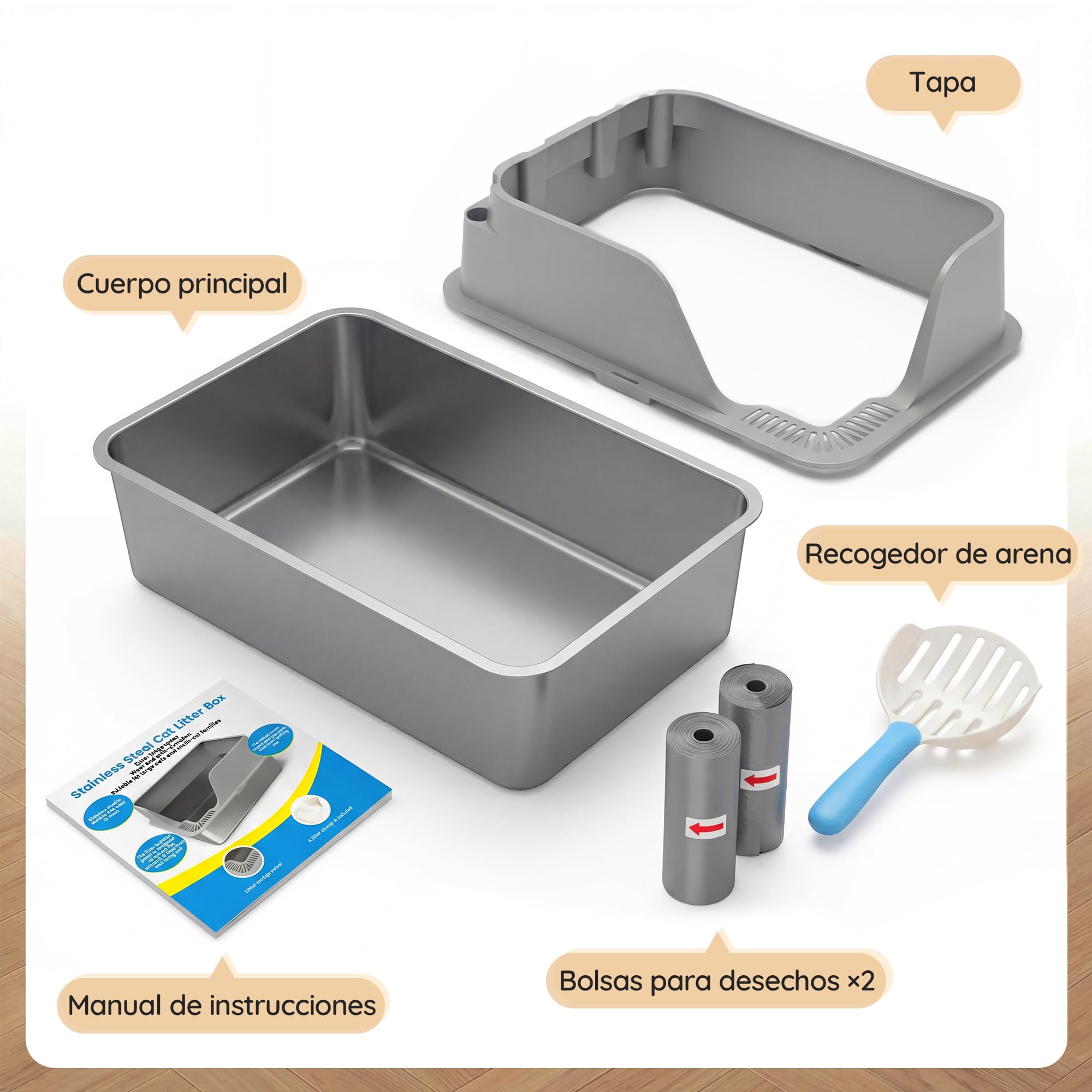 JUMMICO Arenero Acero Inoxidable Gatos, con Entrada Antigoteo, Robusto y Resistente a los Arañazos, Fondo Antiadherente Fácil de Limpiar,60L Caja de Arena para Gatos Grande con Pala y Bolsas de Basura