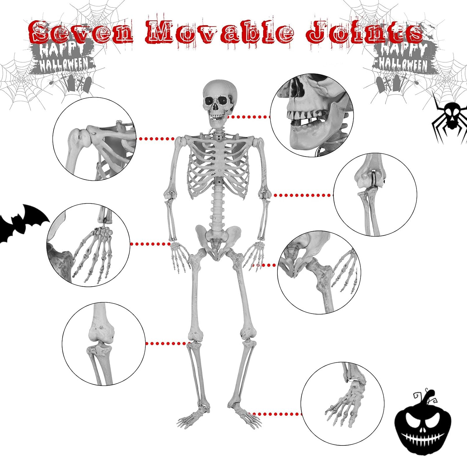 5.4 Ft Halloween Life Size Skeleton, Full Body Plastic Skeleton with Movable Joint, Human Bones for Halloween Party Haunted House Graveyard Props Indoor Outdoor Decoration (Lighted)