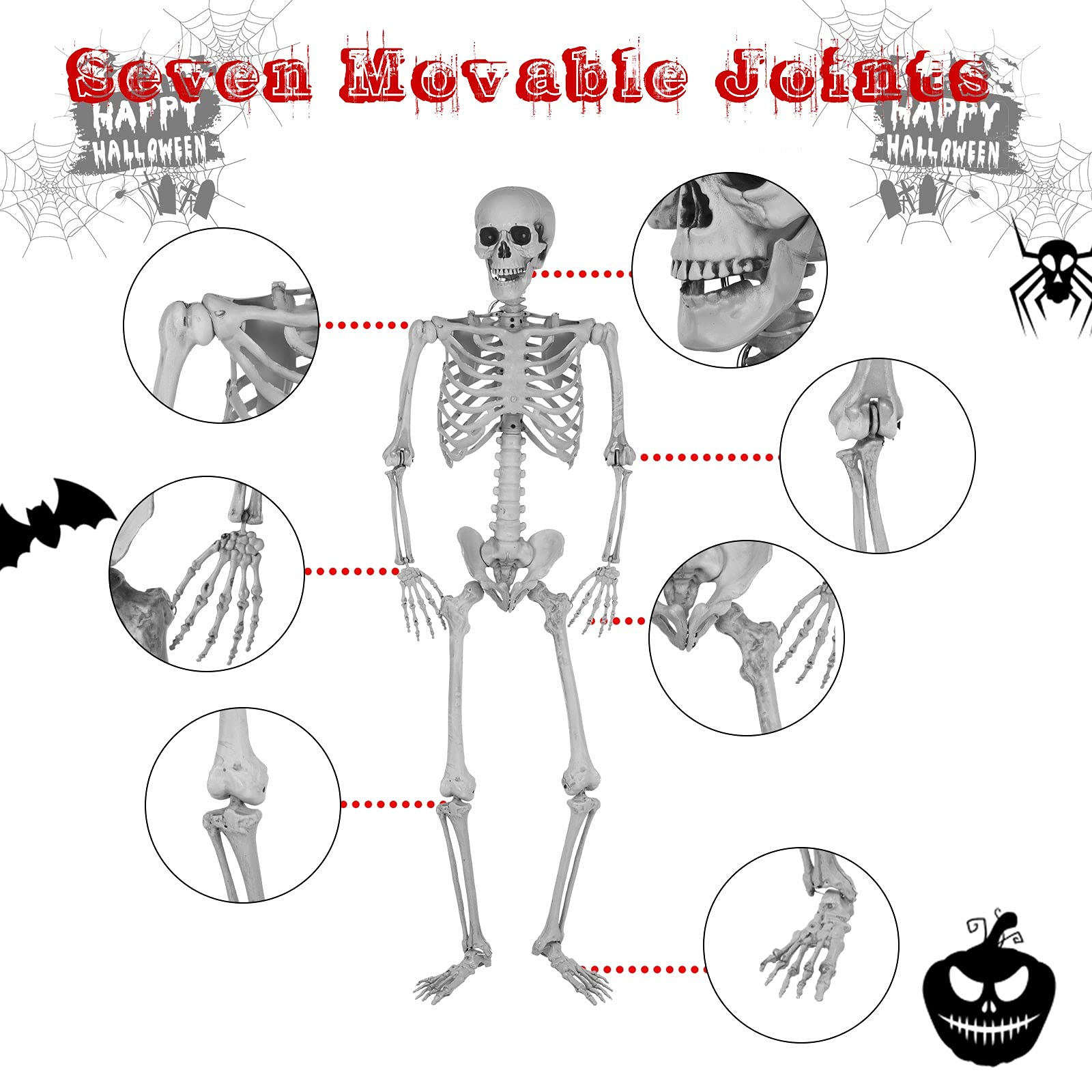 Szkielet naturalnej wielkości na Halloween, 2024, możliwy szkielet całego ciała, wiszący szkielet, dekoracja na Halloween z 7 ruchomymi przegubami, sufit, rekwizyty na Halloween, upiorna dekoracja
