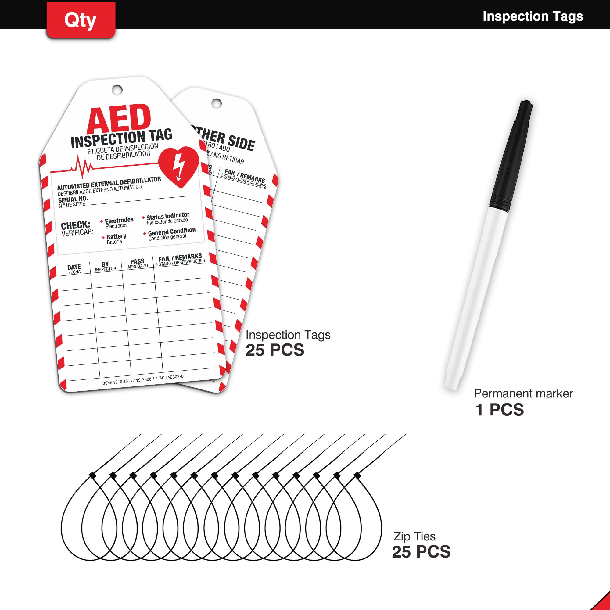 AED Inspection Tags 25 Pack, Waterproof PVC Safety Inspection Record Tags, Tear-Resistant & OSHA Compliant Monthly AED Service Tag Check Cards