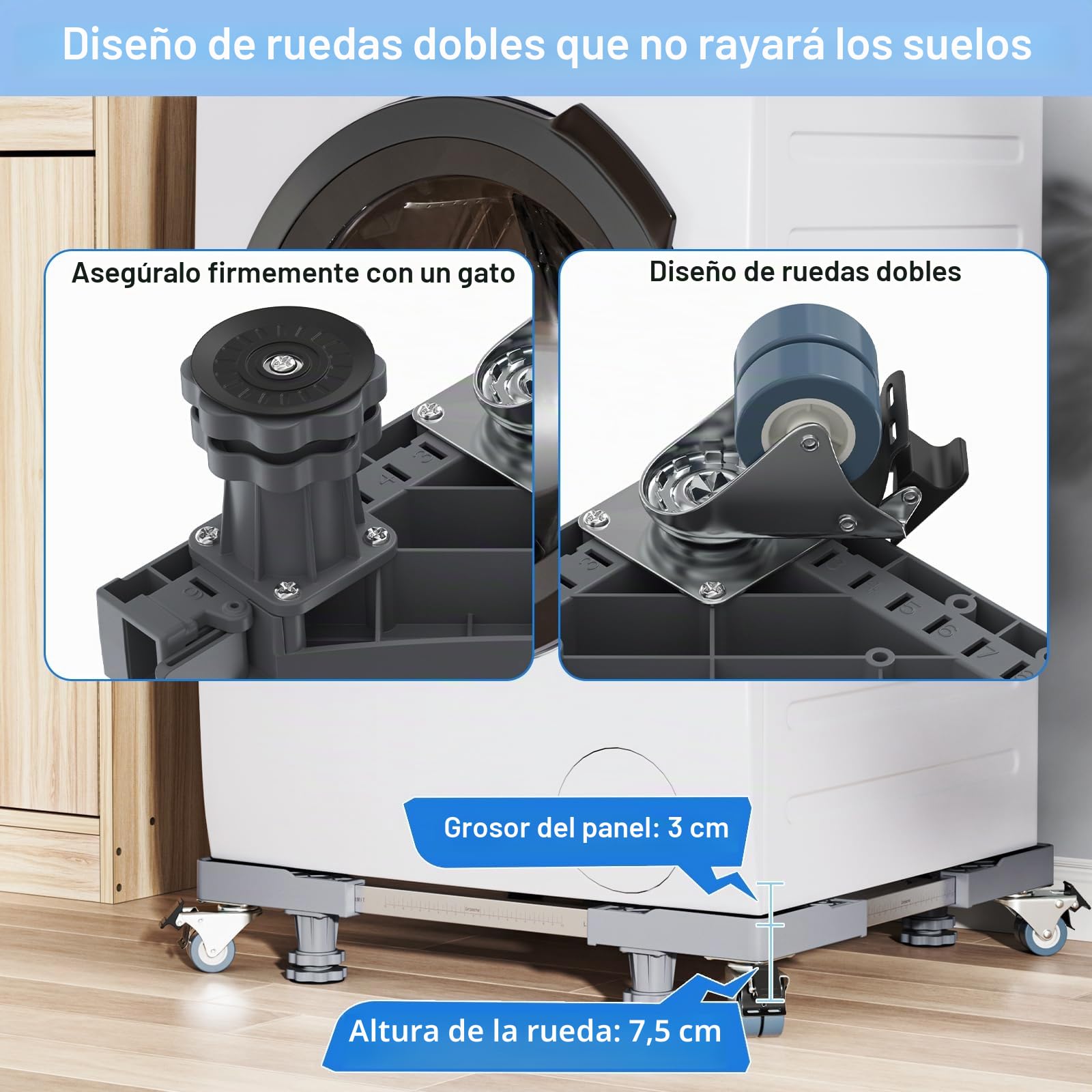 Base Lavadora con 4 Patas y 8 Ruedas con Bloqueo, Pedestales Móviles para Lavadora, Secadora, Frigorífico Capacidad De Carga 500 Kg(Gris, Ajustable: 45,5 – 70 cm)