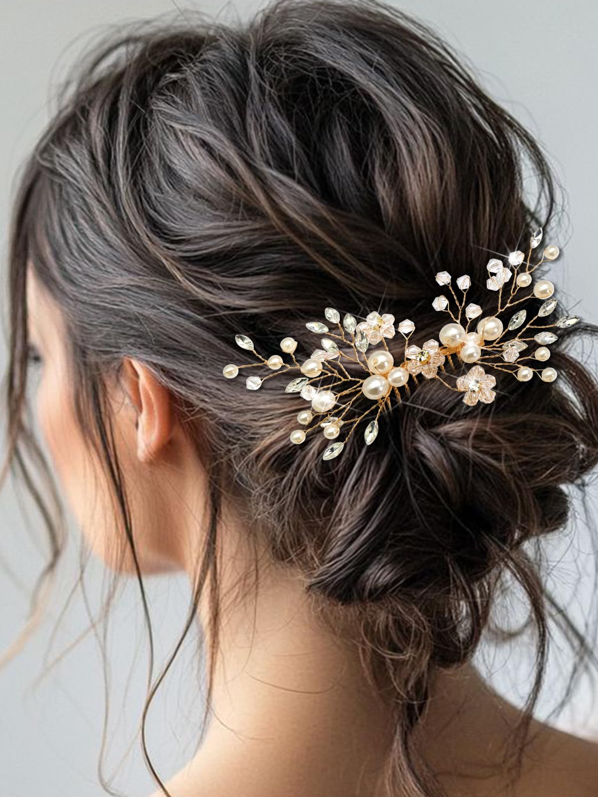 SAWINDA Wedding Rhinestone Hair Comb Gold Pearl Crystal Hair Piece Bridal Side Combs Hair Vine for Brides Women Bridal Shower Prom Party