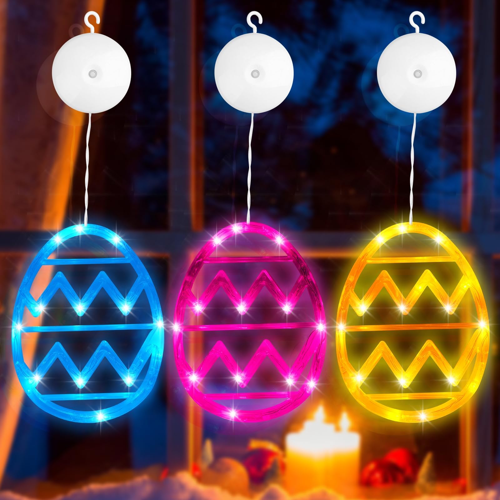 Vibbang 3 Stück Osterdeko LED Fenster Licht, Ostereier Hängende Lichterkette mit Saugnapf Fenster Deko, Ostern Deko Lichterkette Batteriebetrieben, Ostern Fenster Lichter Heimdekoration
